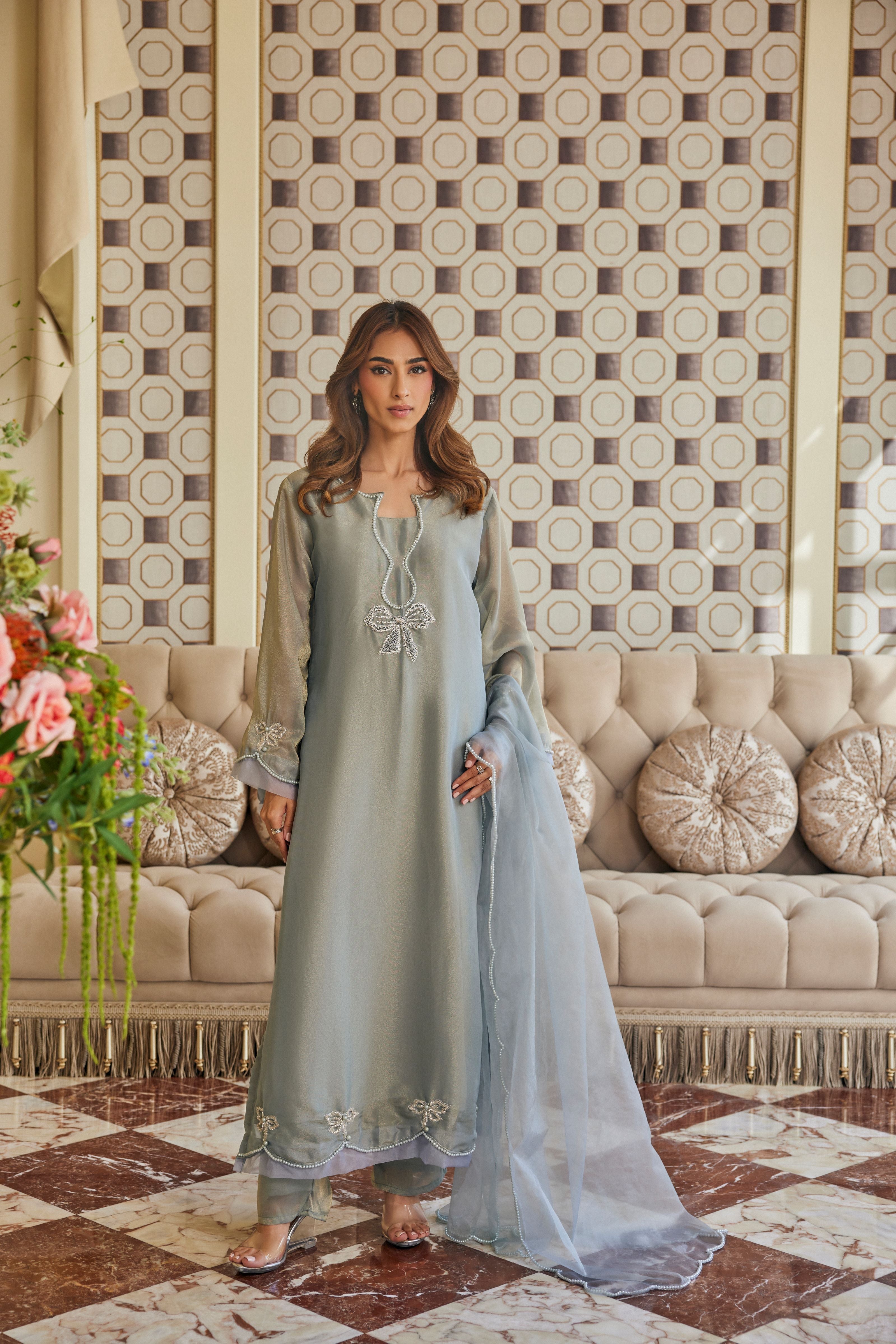 Shadow Grey Embellished Shimmer Tissue Pant Set