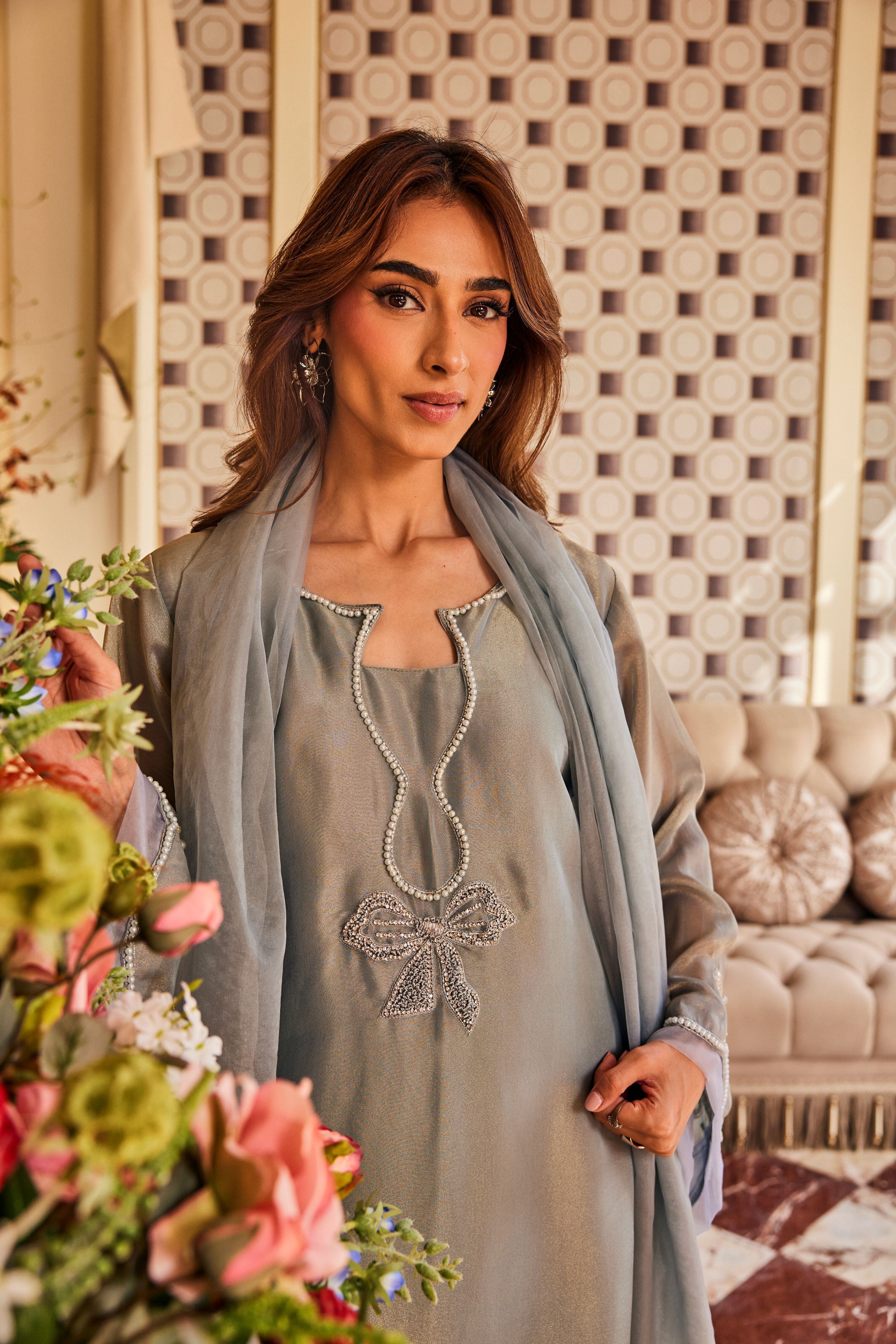 Shadow Grey Embellished Shimmer Tissue Pant Set