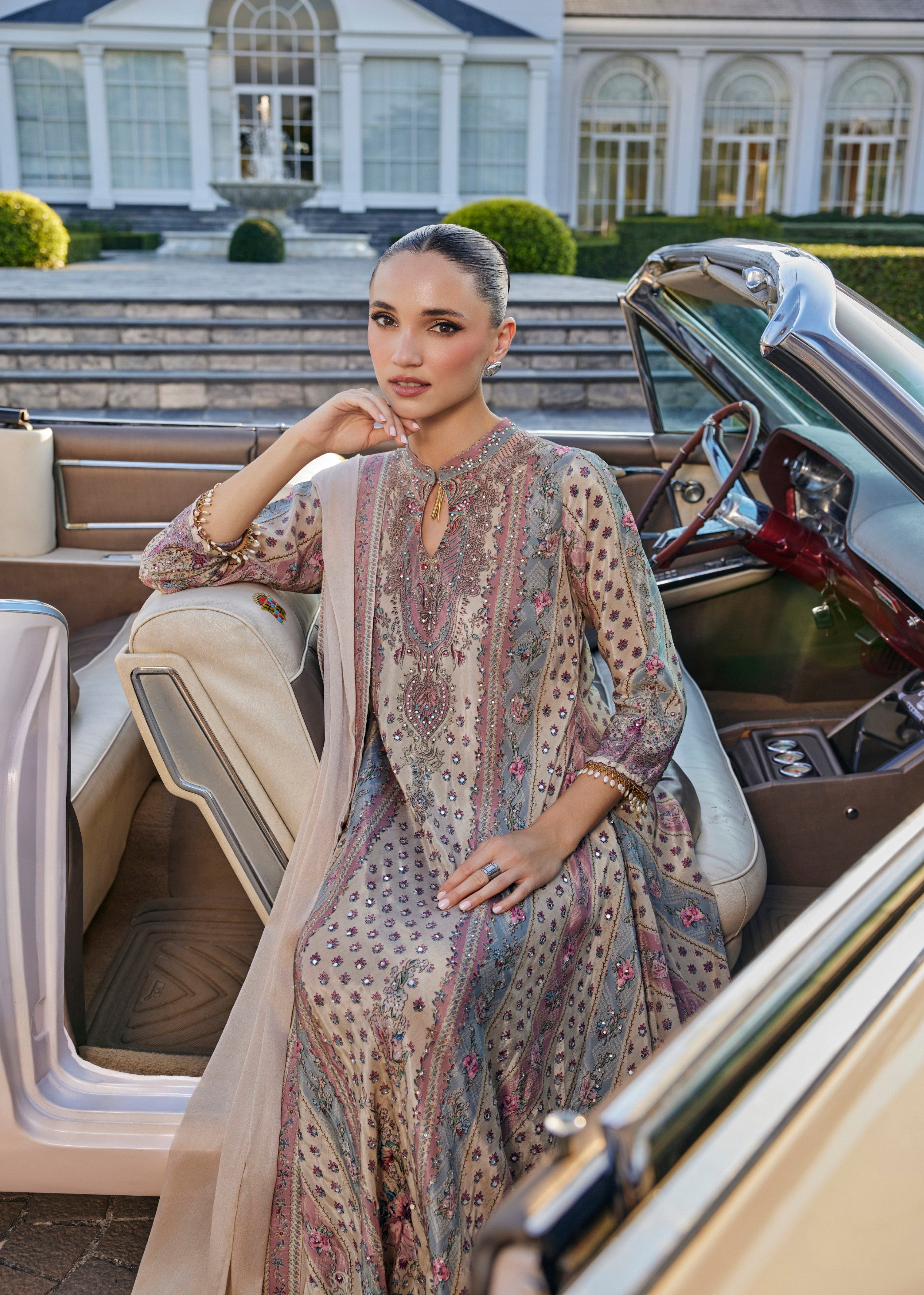 Classic Cream Embellished Muslin Silk Anarkali Set