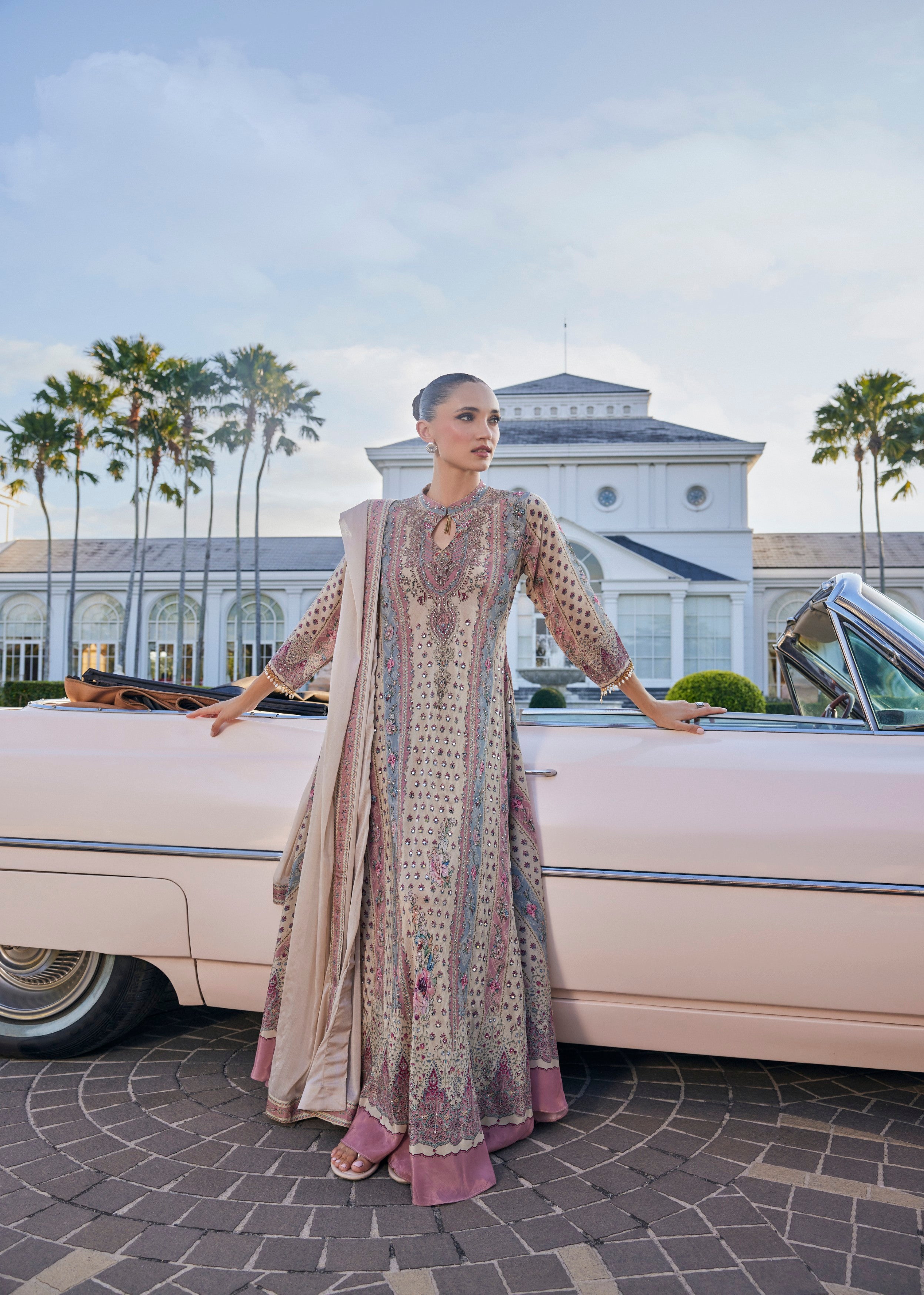 Classic Cream Embellished Muslin Silk Anarkali Set