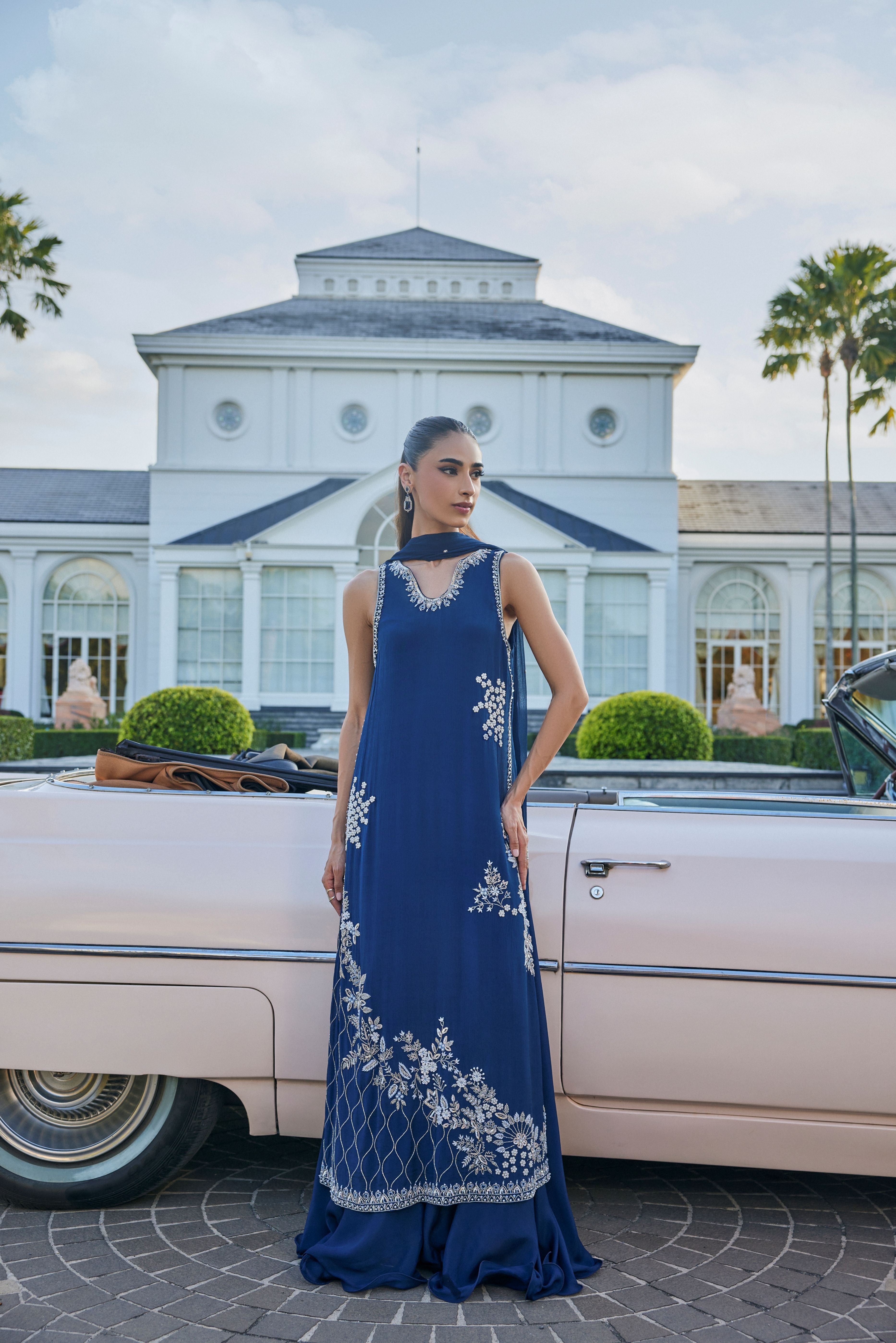 Dark Midnight Blue Embellished Chinon Silk Palazzo Set