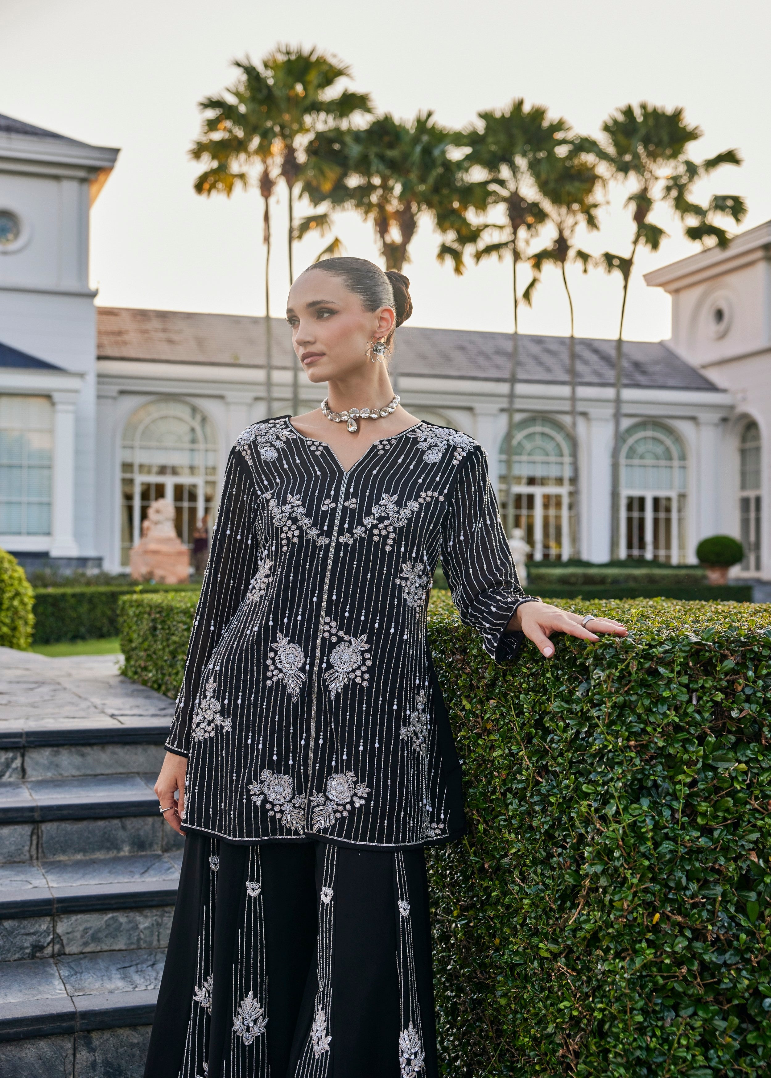 Midnight Black Embellished Georgette Silk Palazzo Set