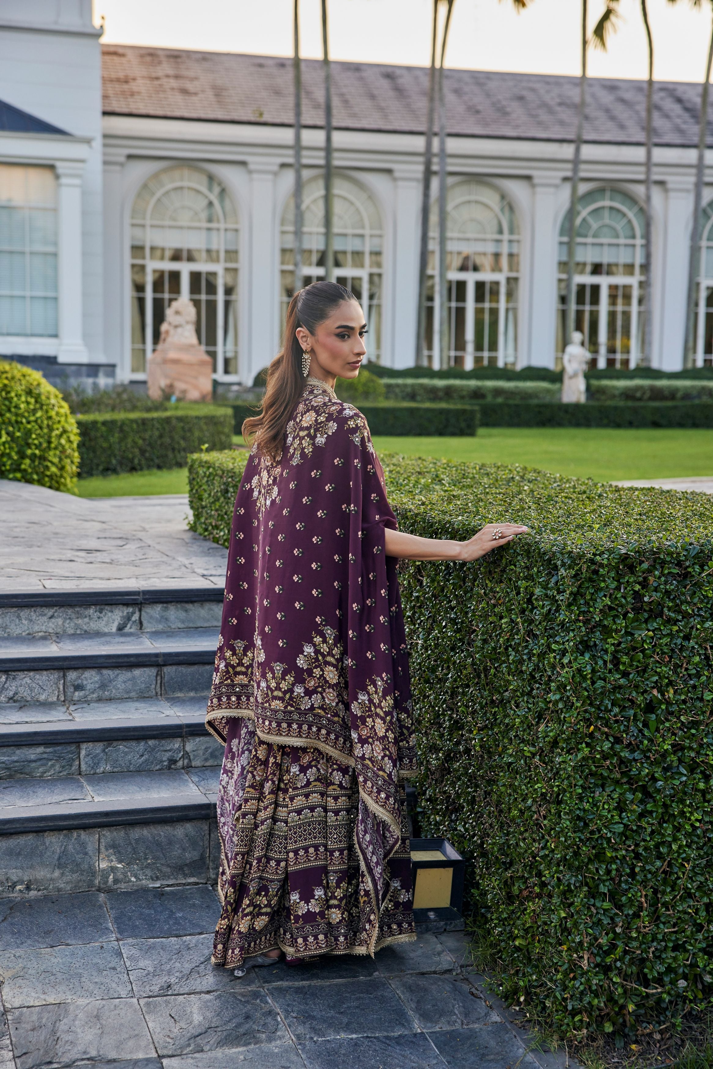 Plum Royale Embellished Muslin Silk Cape Set