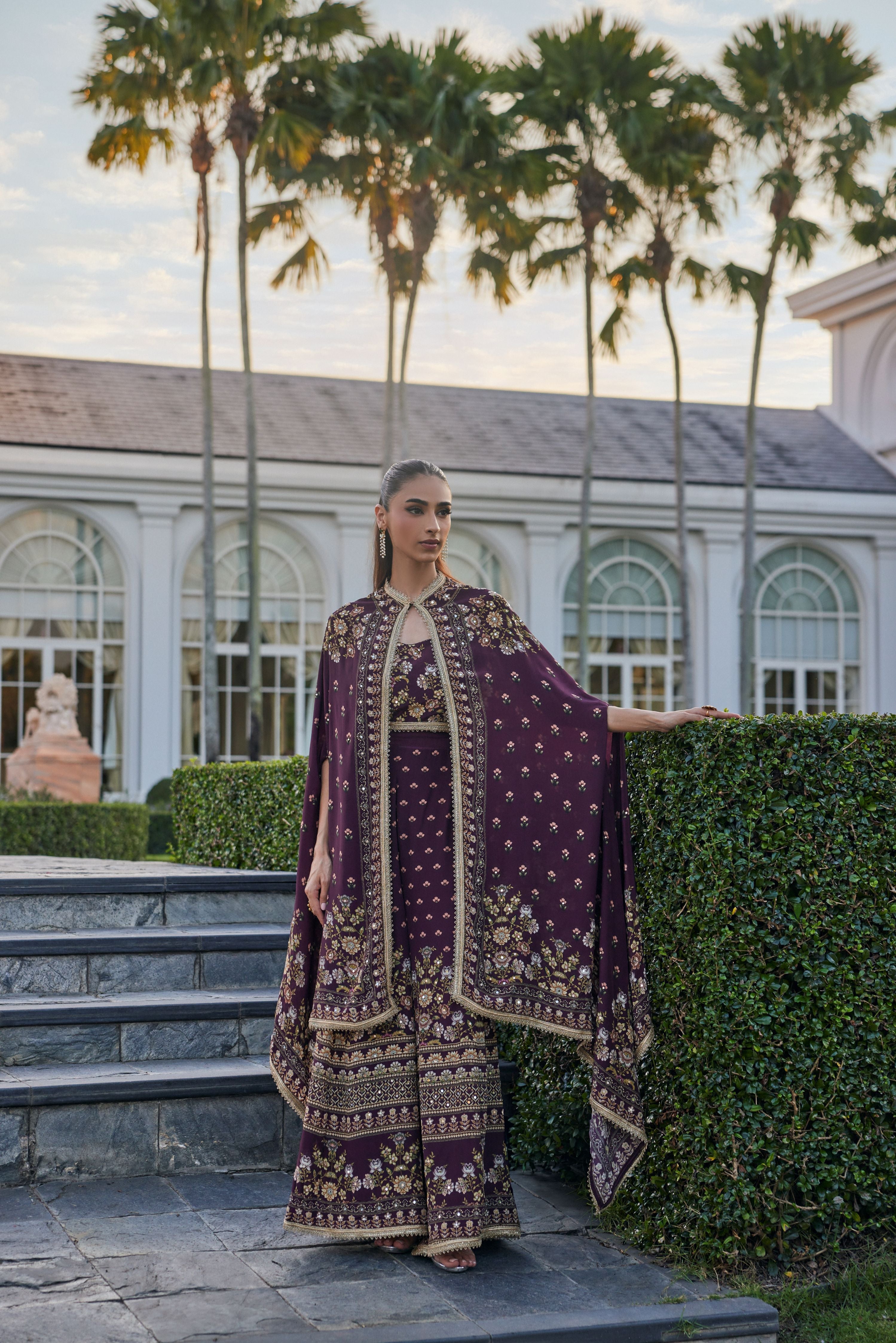 Plum Royale Embellished Muslin Silk Cape Set