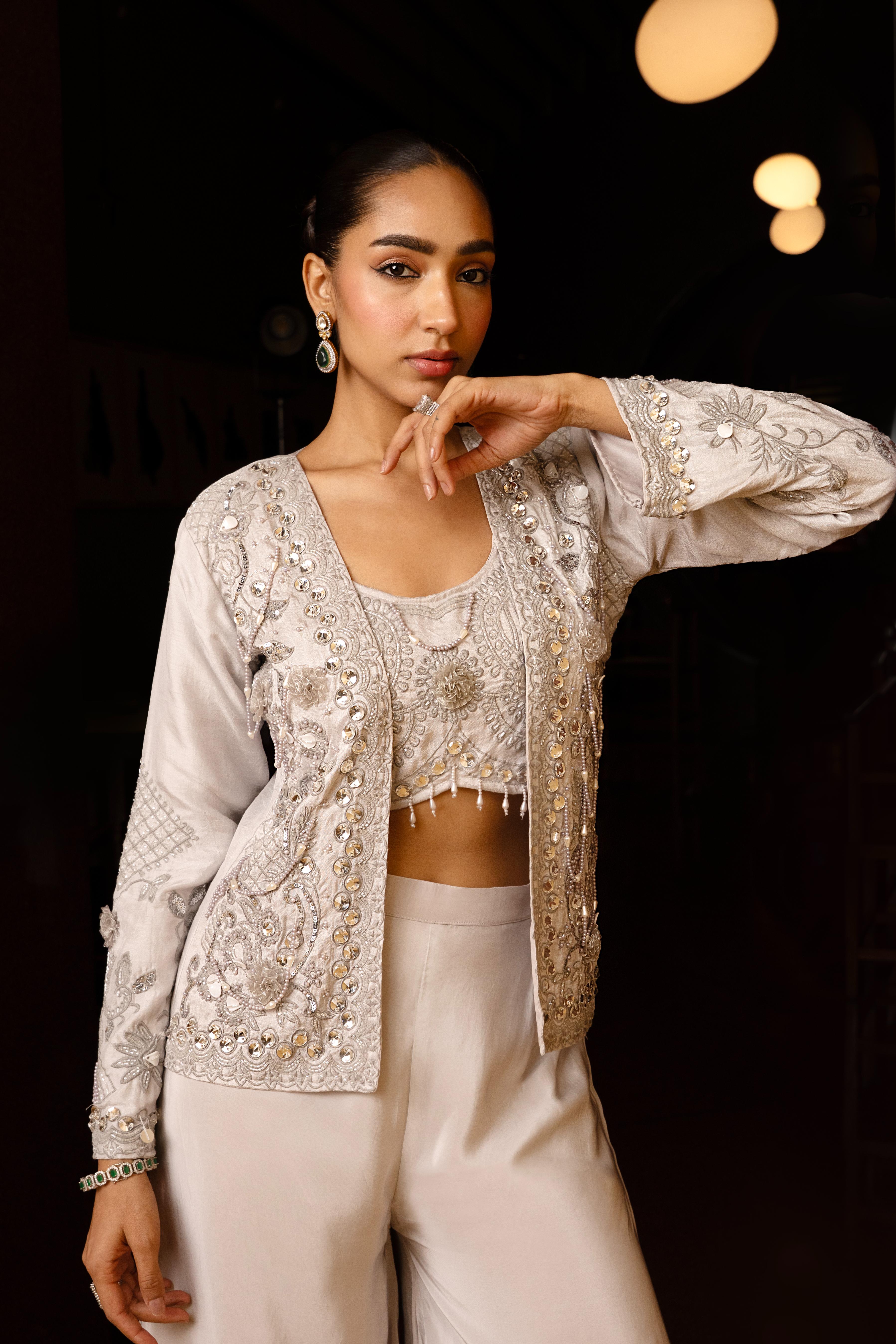 Silver Grey Embellished Crepe Silk Jacket Set