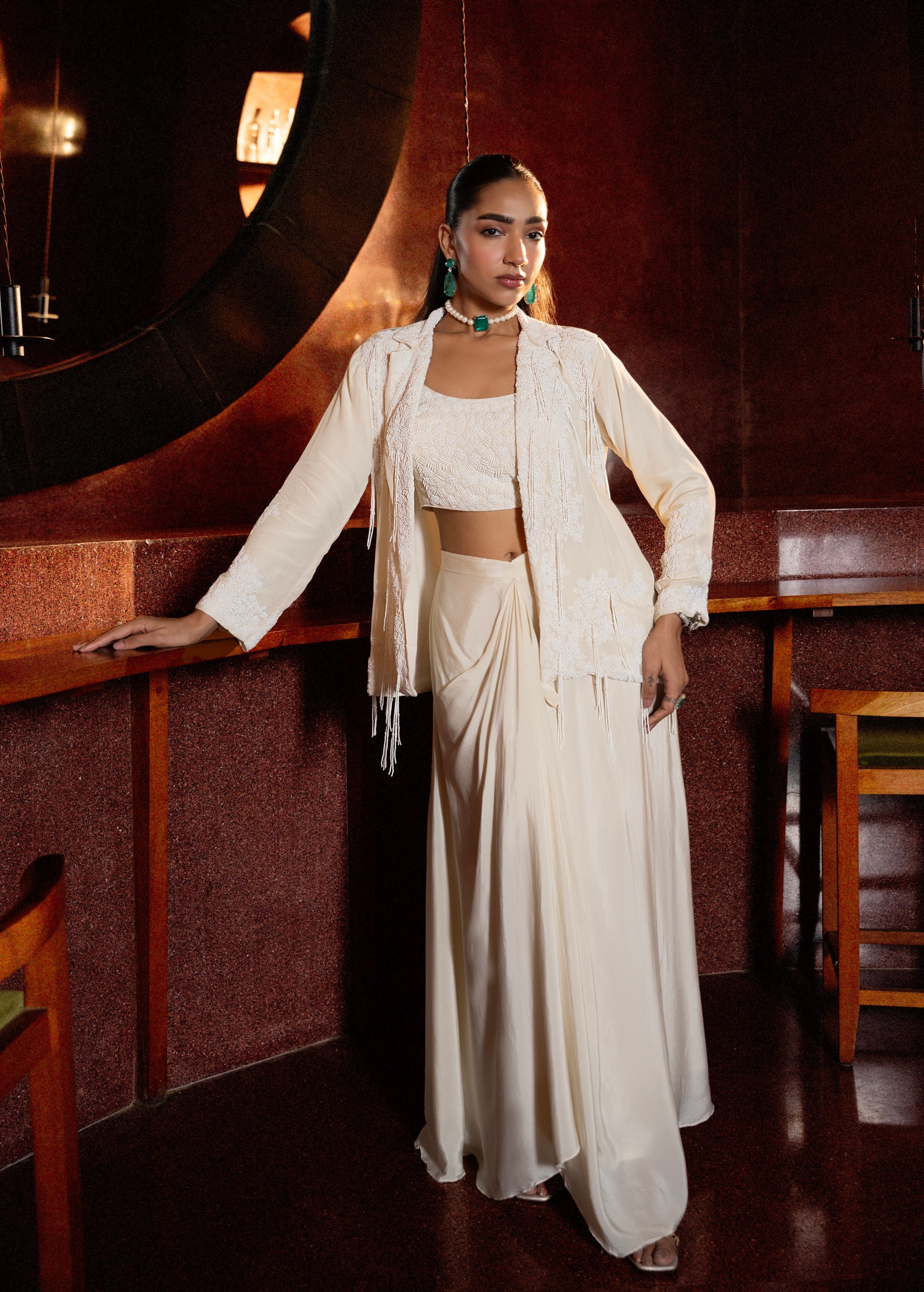 Pearl White Embellished Crepe Silk Skirt Jacket Set