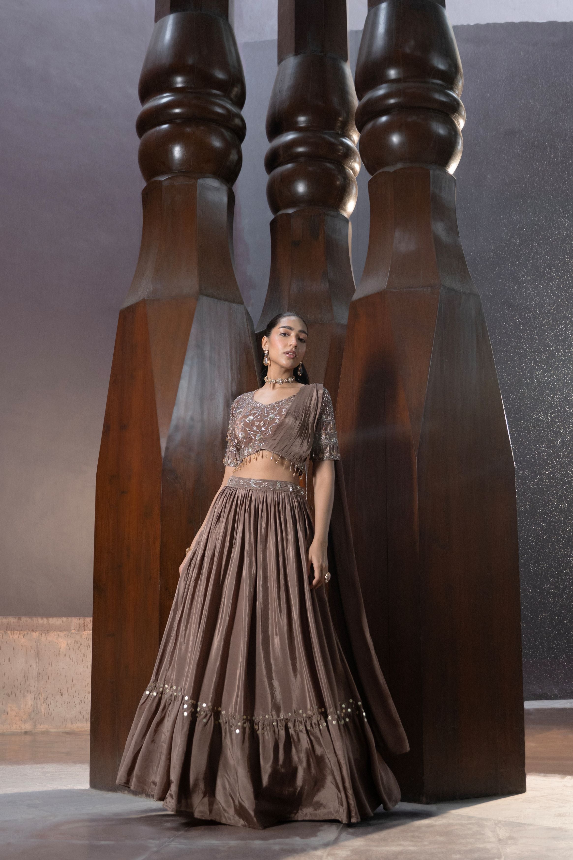 Hot Mouve Embellished Crepe Silk Skirt Set