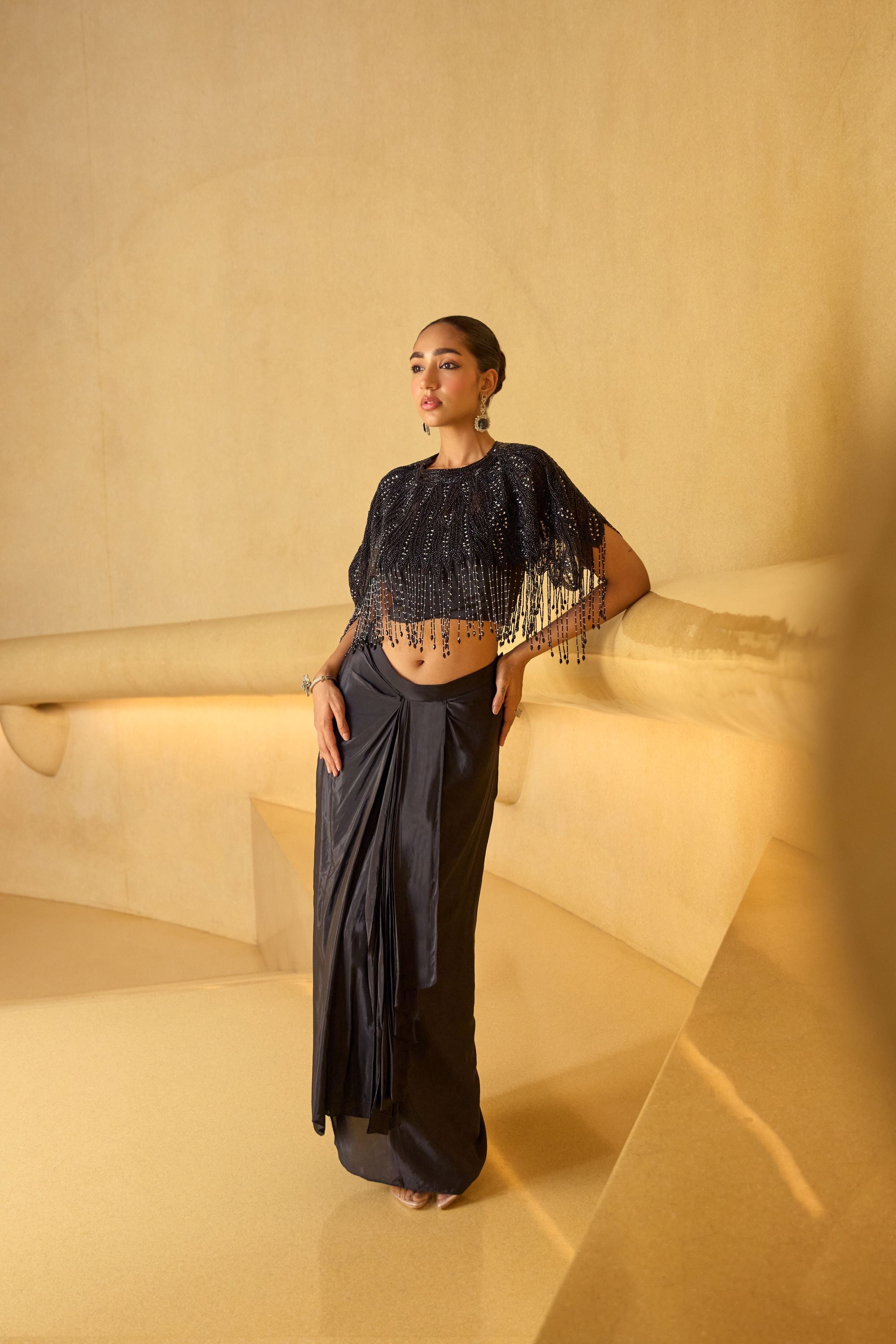 Hot Black Embellished Crepe Silk Skirt Set