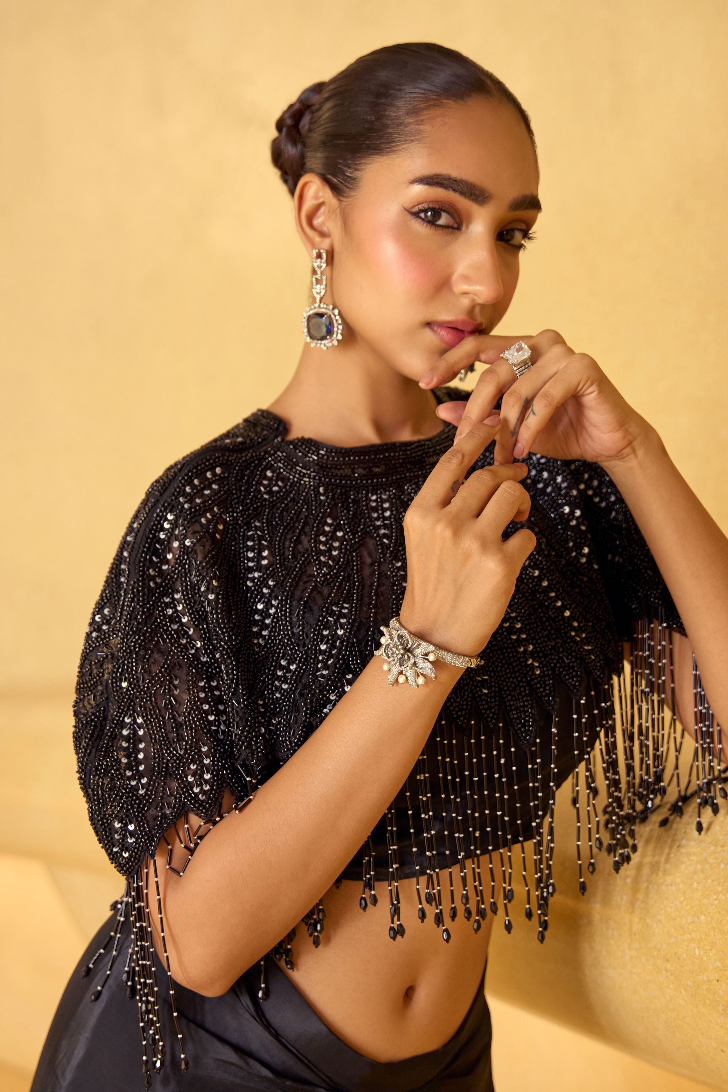Hot Black Embellished Crepe Silk Skirt Set