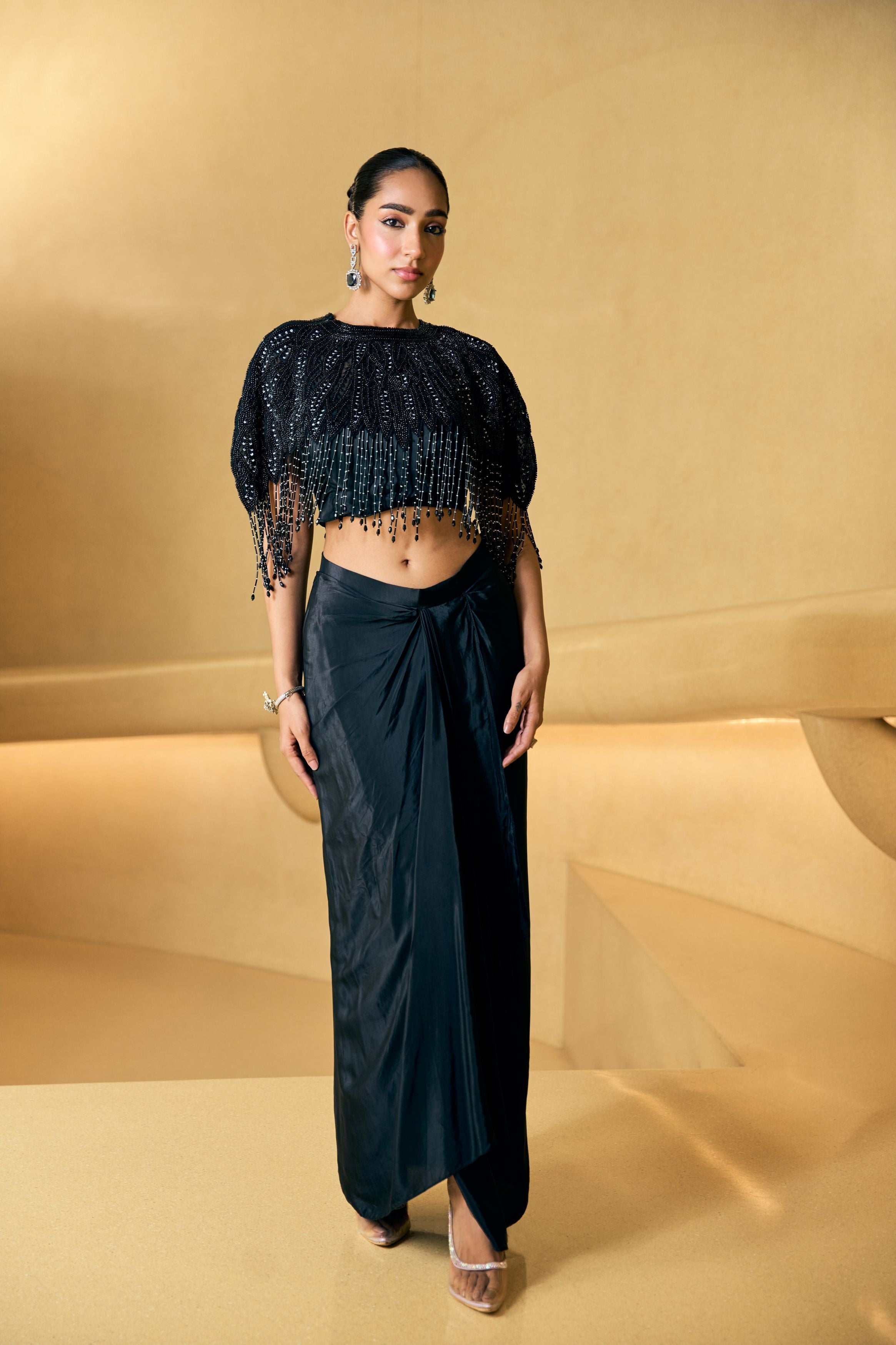 Hot Black Embellished Crepe Silk Skirt Set