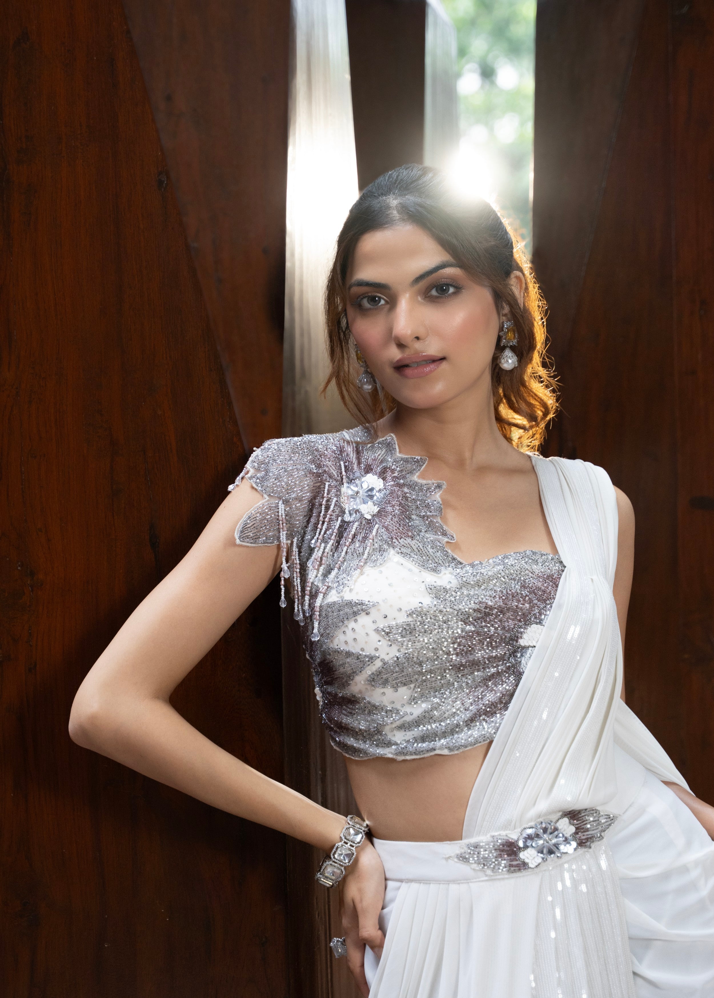 Pearl Embellished Spandex Lycra Silk Draped Saree