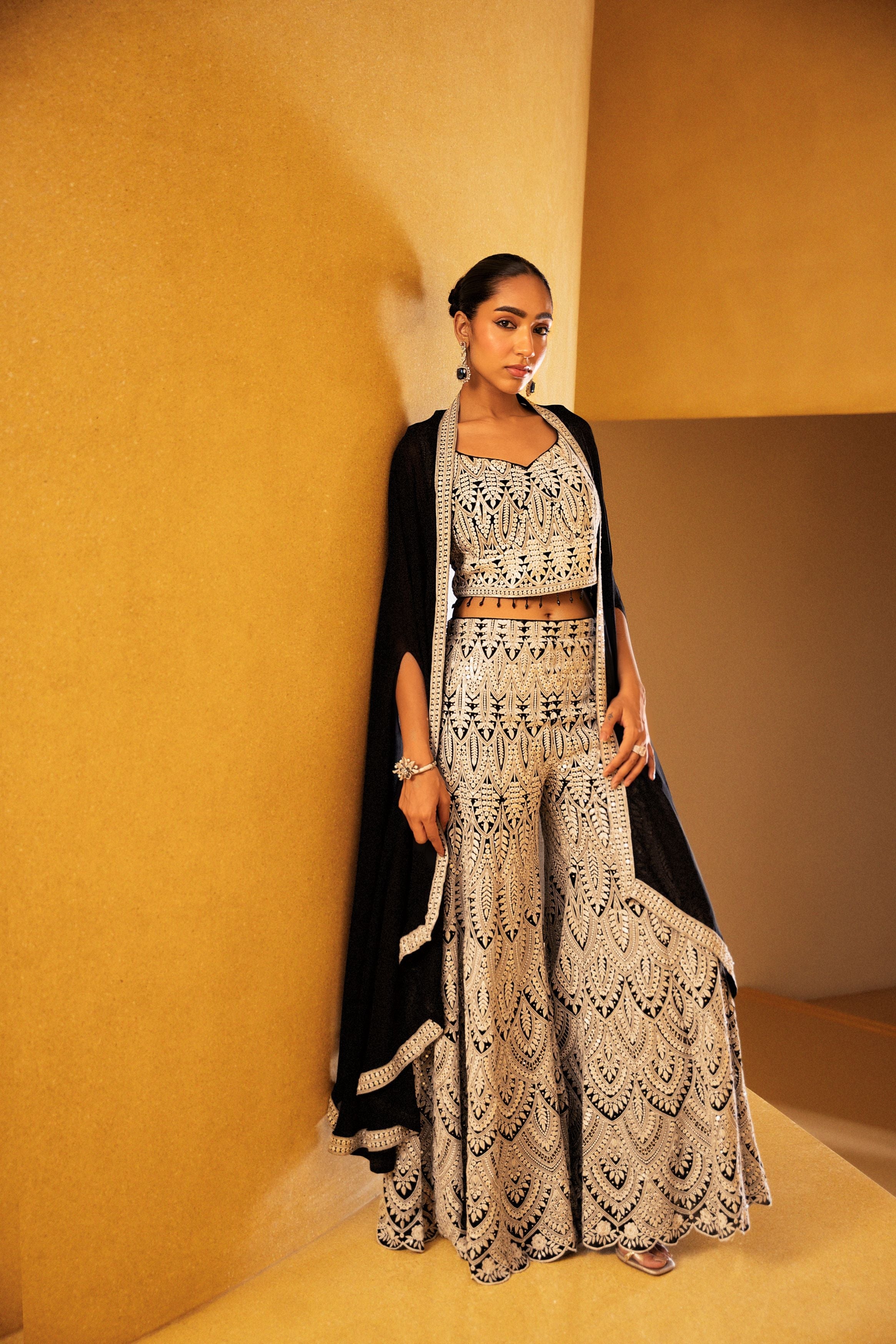 Black & White Embellished Georgette Silk Cape Set