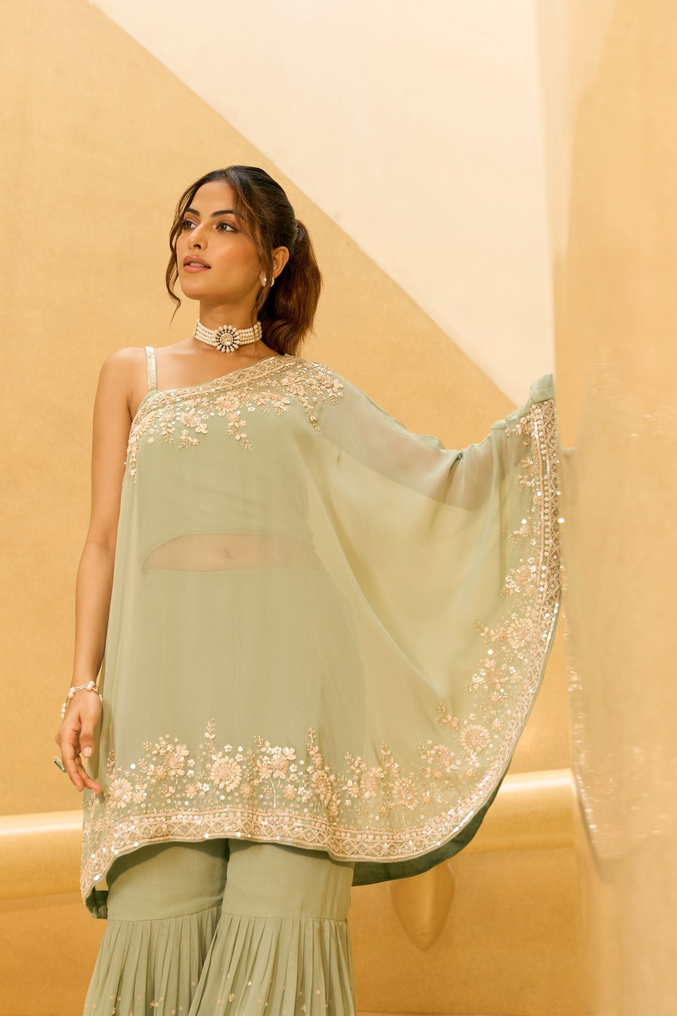 Pastel Green Embellished Georgette Silk Sharara Set