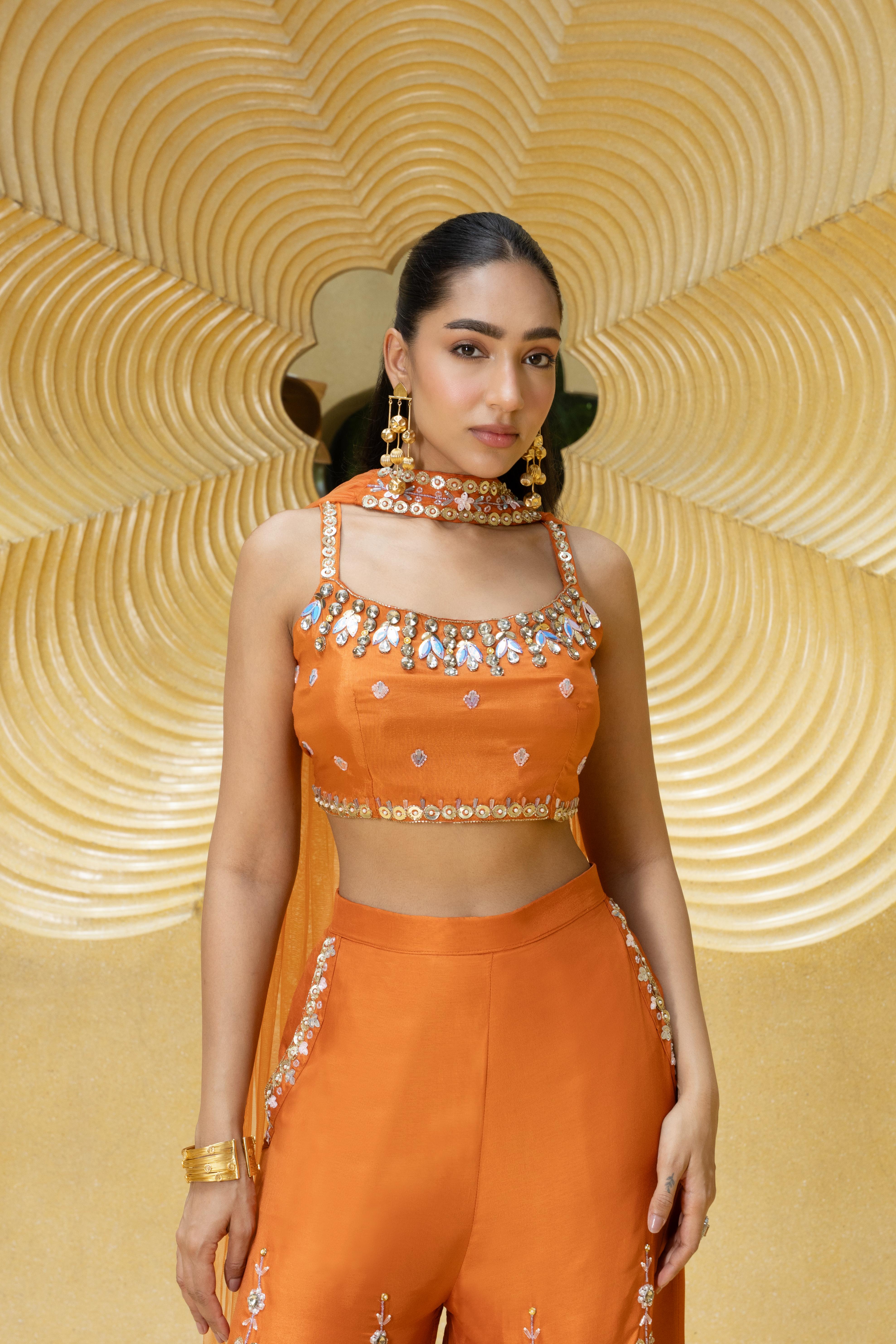 Deep Orange Embellished Premium Silk Palazzo Set