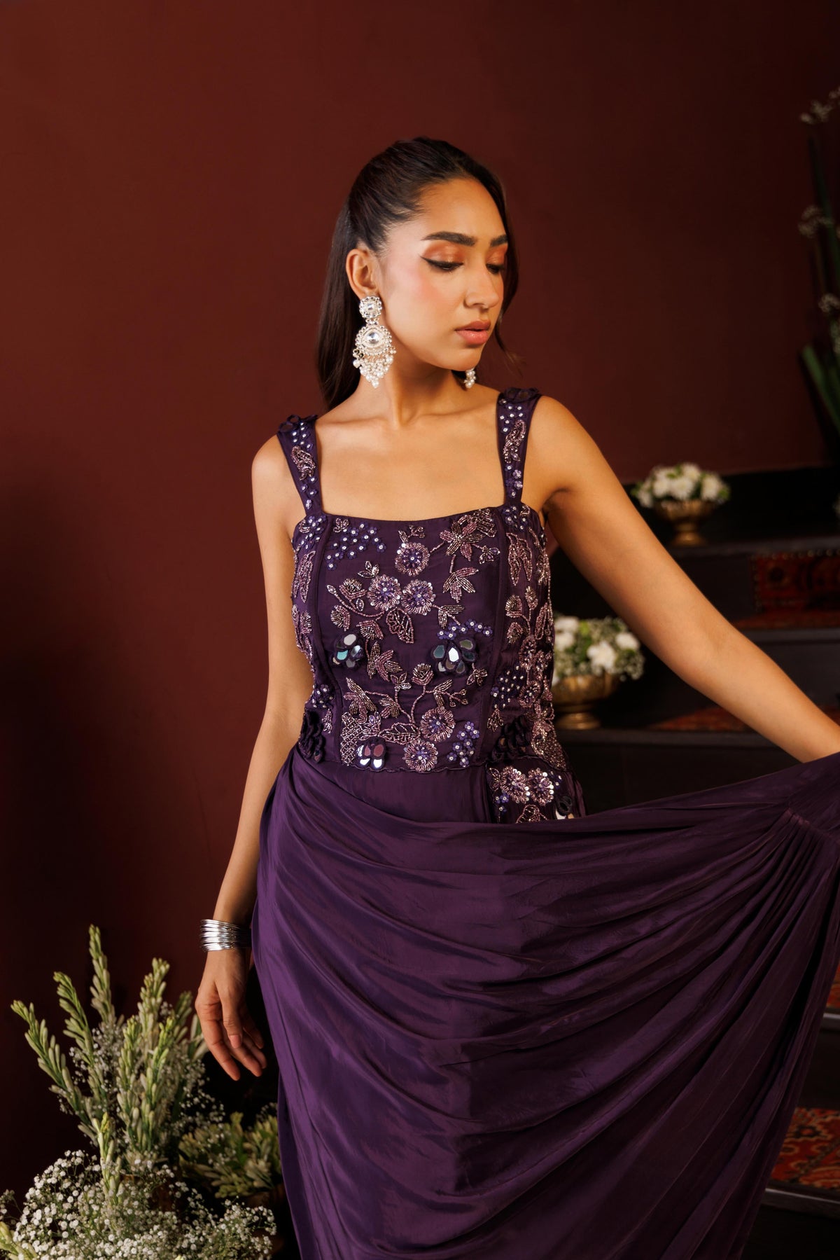 Royal Plum Crepe Satin Silk Gown