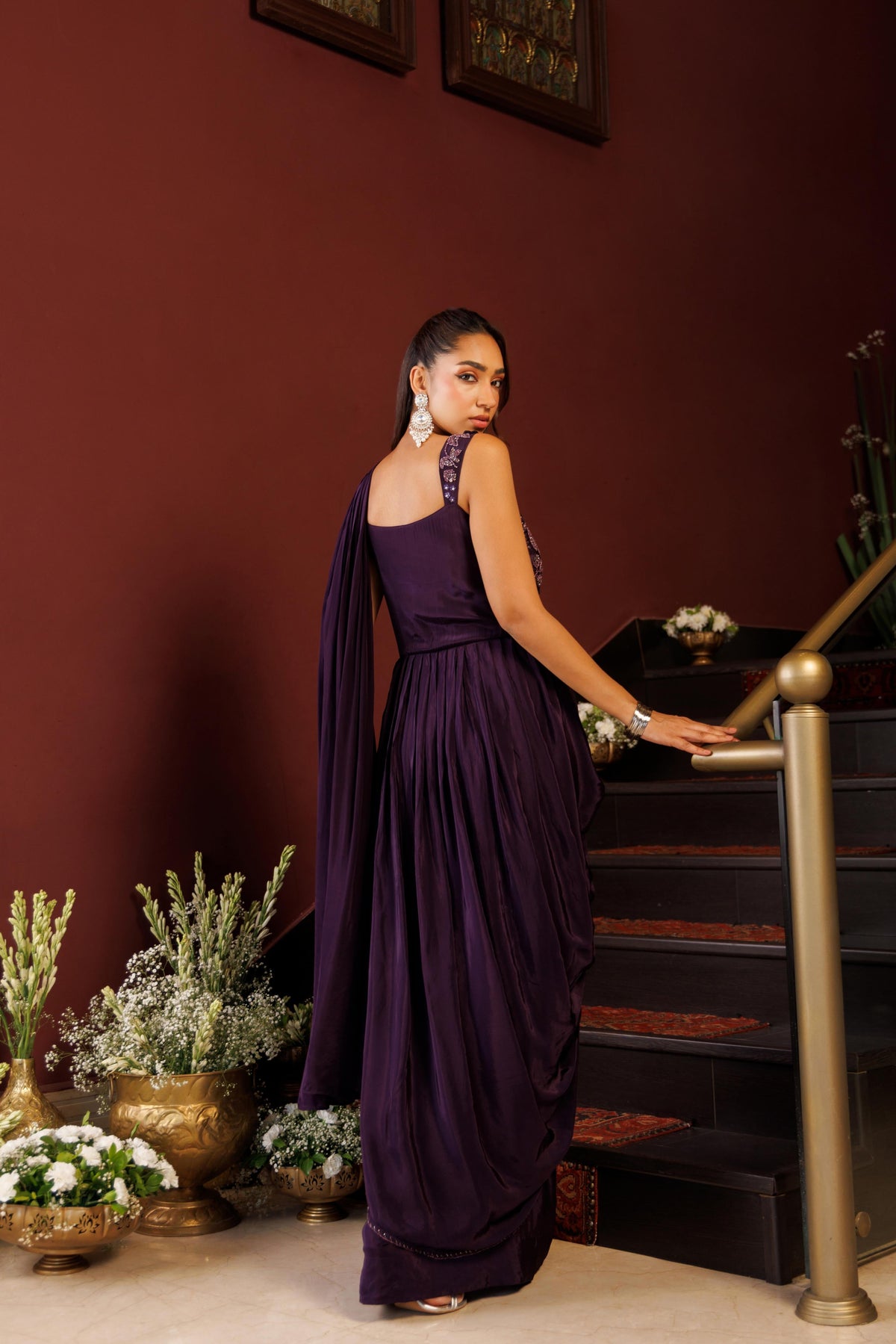 Royal Plum Crepe Satin Silk Gown