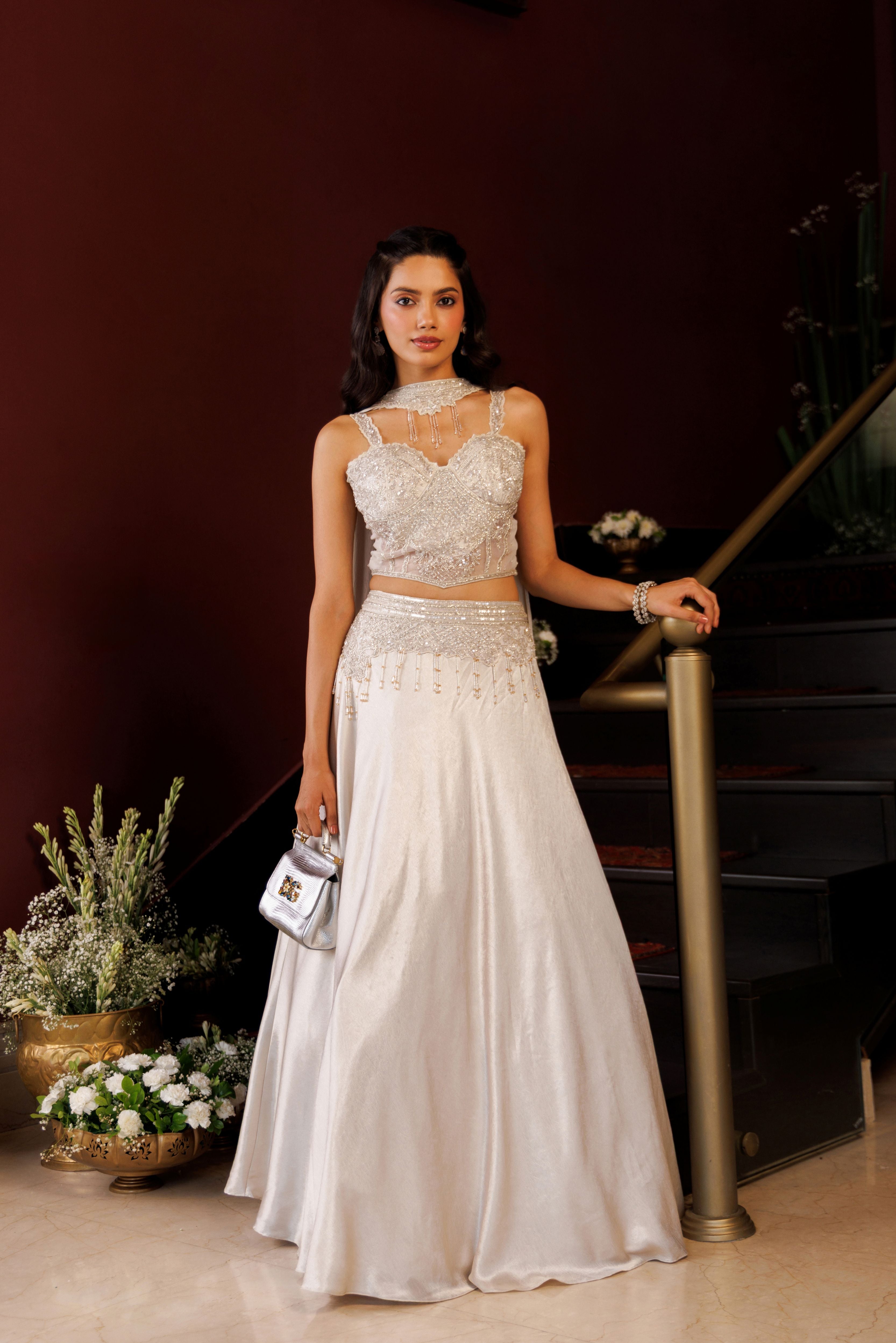 Silver Champagne Embellished Satin Crepe Silk Lehenga Set