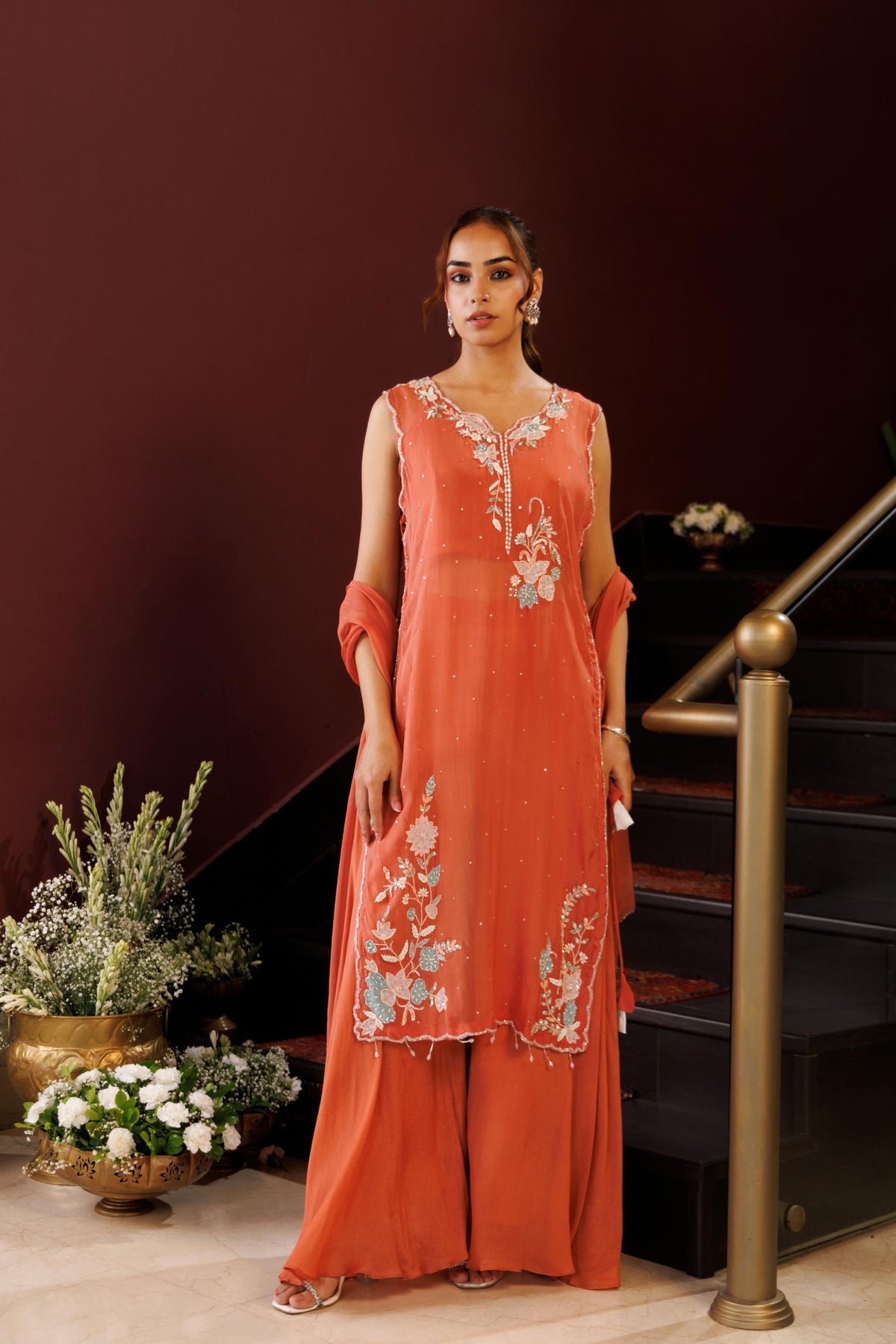 Rust Coral Embellished Chinon Silk Palazzo Set