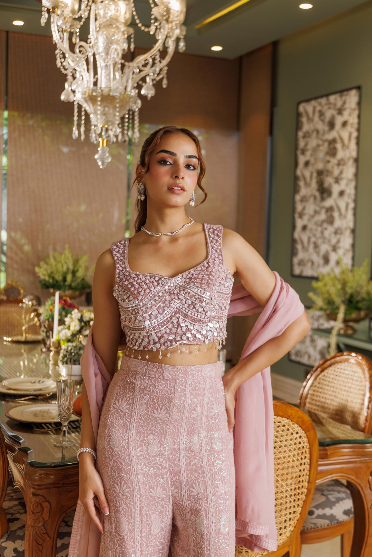 Dusty Blush Pink Embellished Georgette Silk Palazzo Set