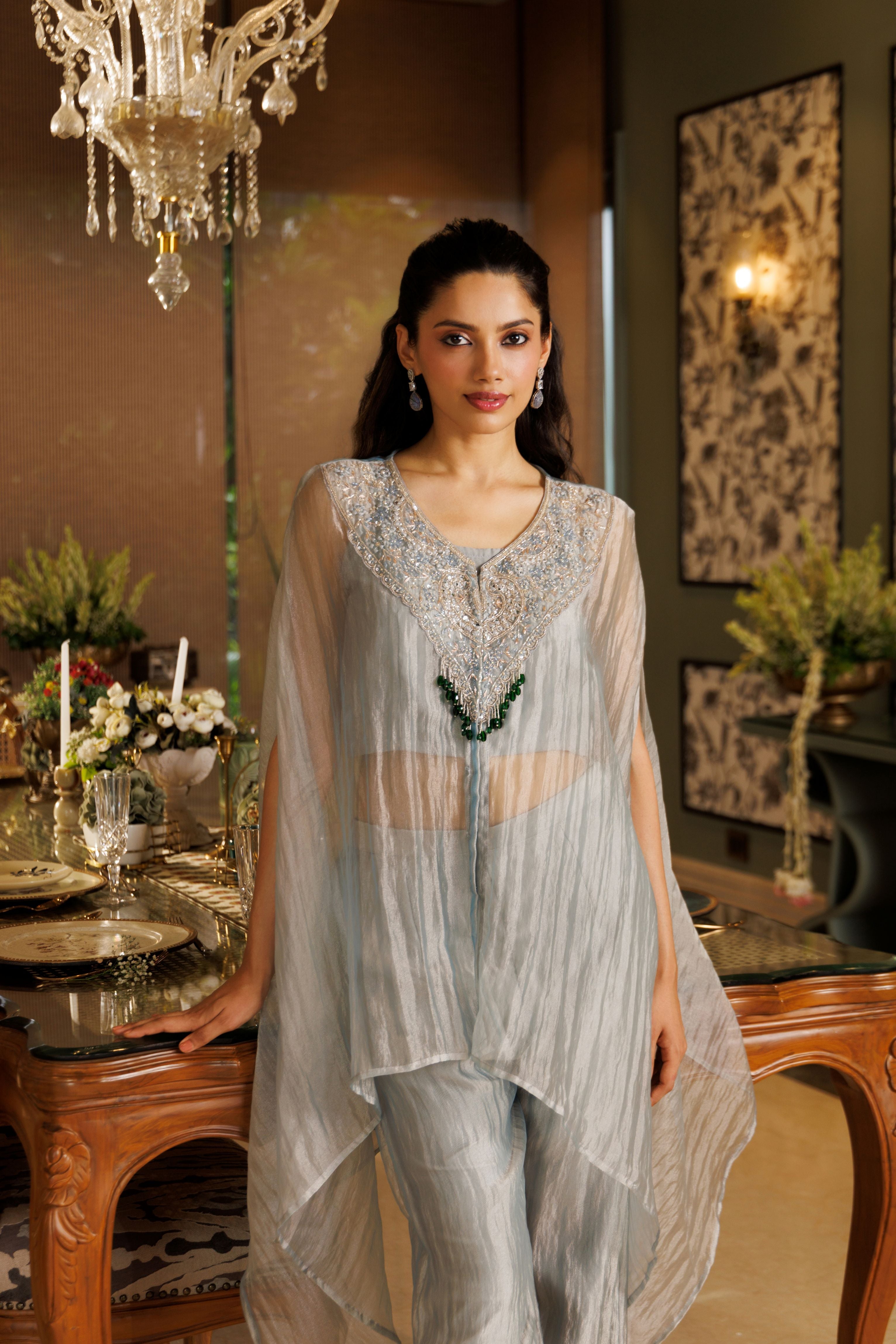 Grey Haze Embellished Shimmer Tissue Silk Kaftan Set