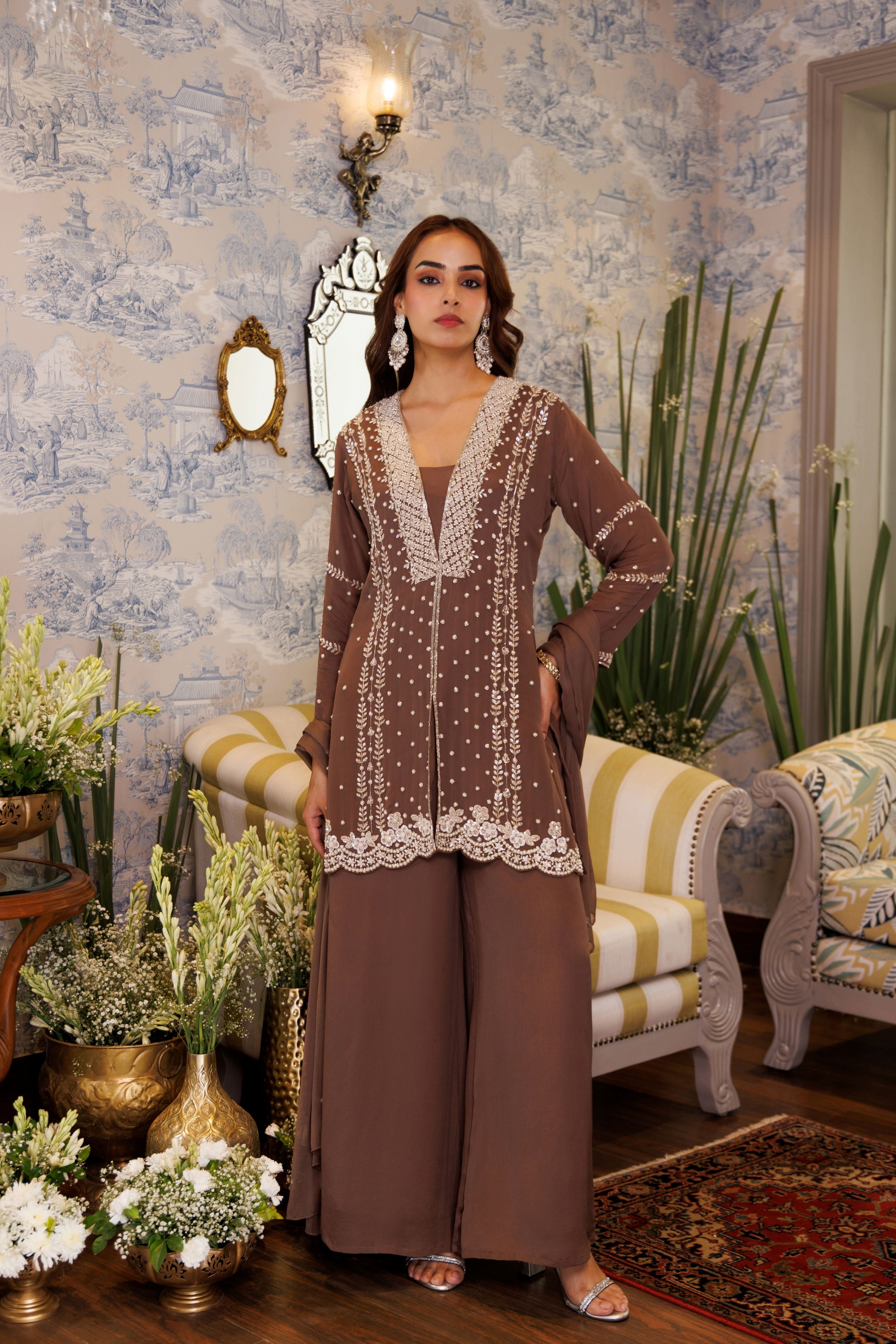 Maple Brown Embellished Crepe Silk Palazzo Set
