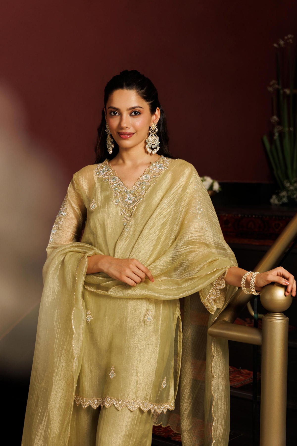 Sage Mist Embellished Shimmer Tissue Silk Pant Set