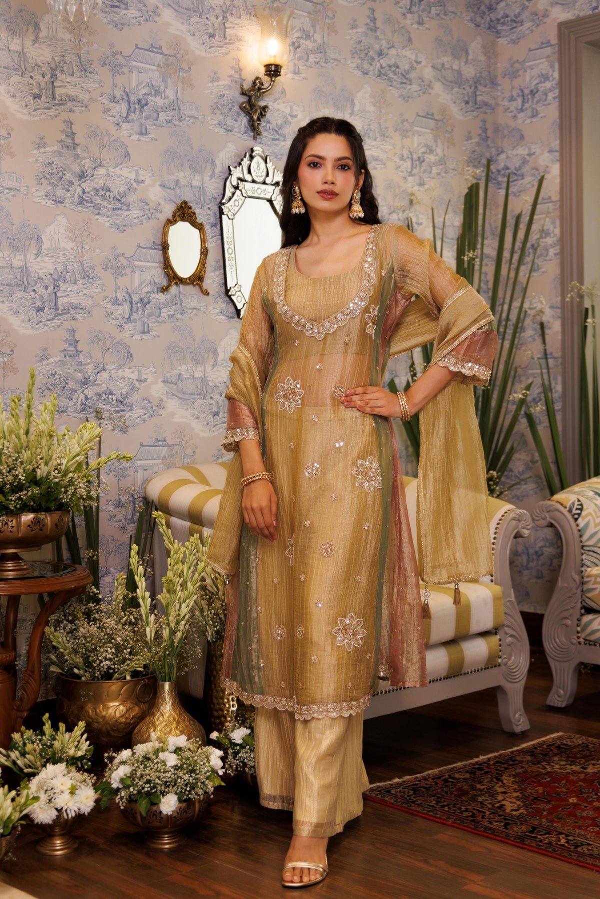 Champagne Gold Embellished Tissue Silk Palazzo Set