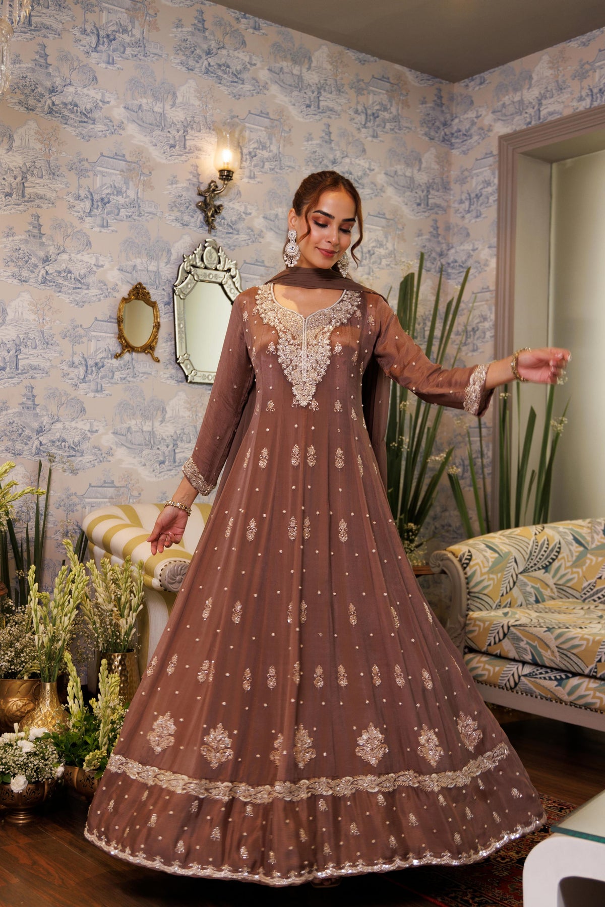 Cocoa Brown Embellished Chinon Silk Anarkali Set