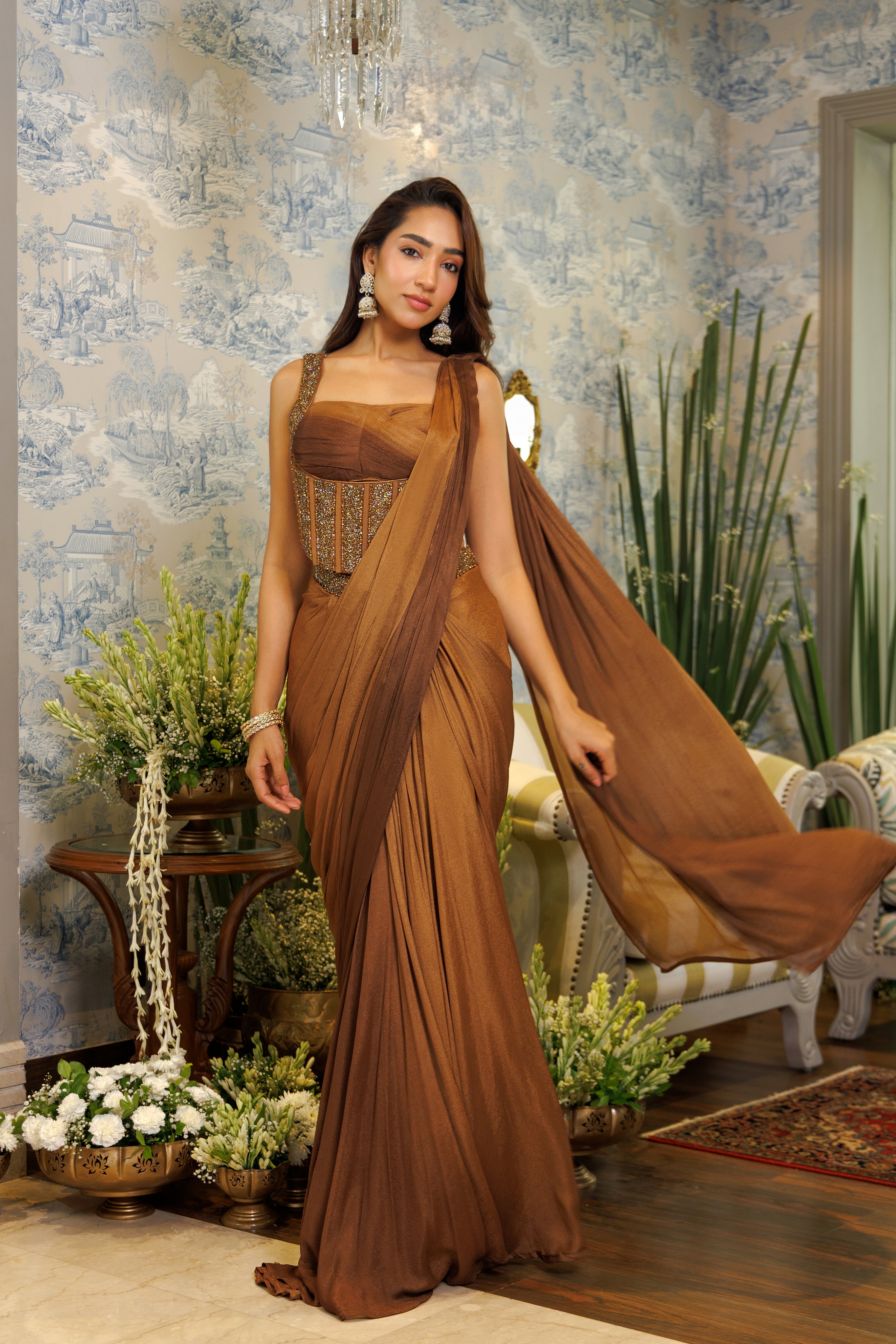 Mocha Corset Embellished Georgette Silk Saree
