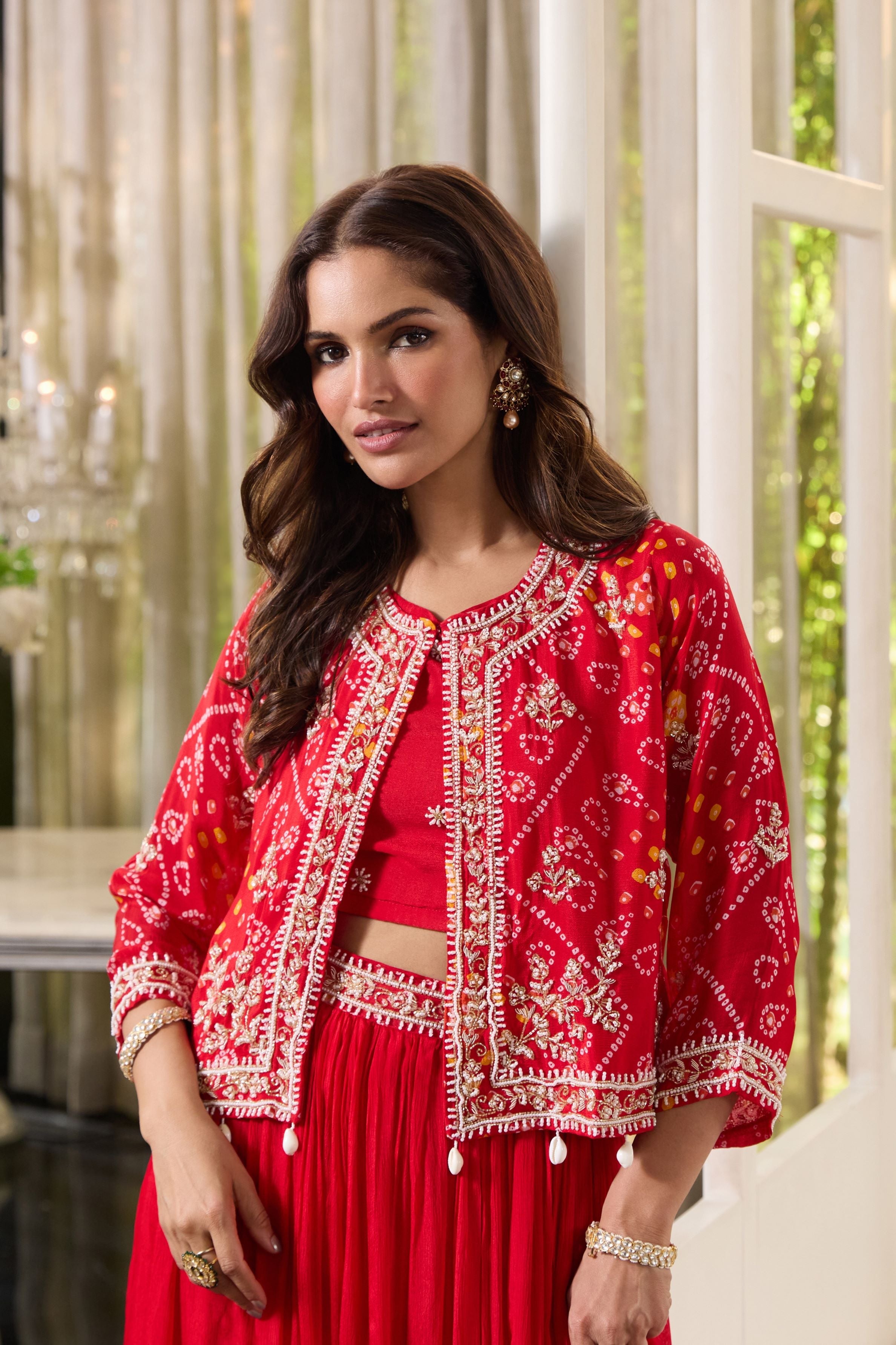 Hot Red Bandhej Printed Chinon Silk Jacket Skirt Set