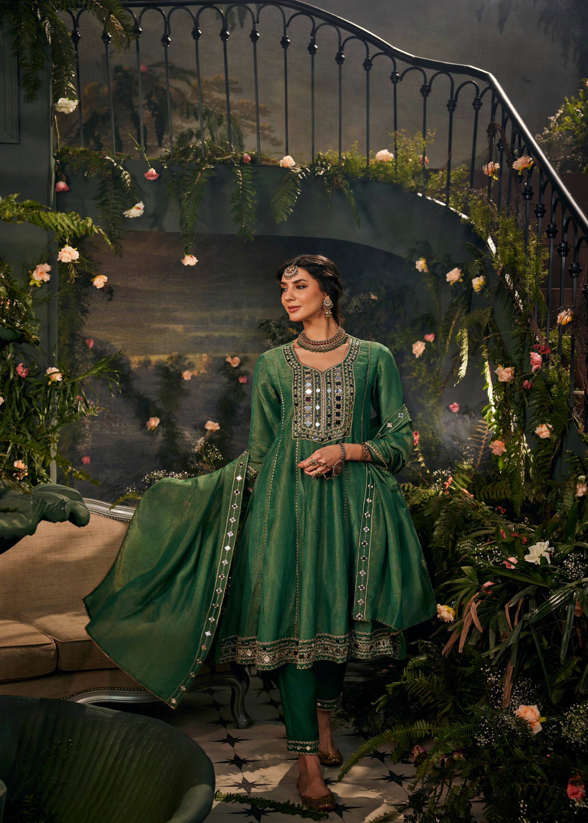 Jade Green Embellished Shimmer Tissue Silk Anarkali Set
