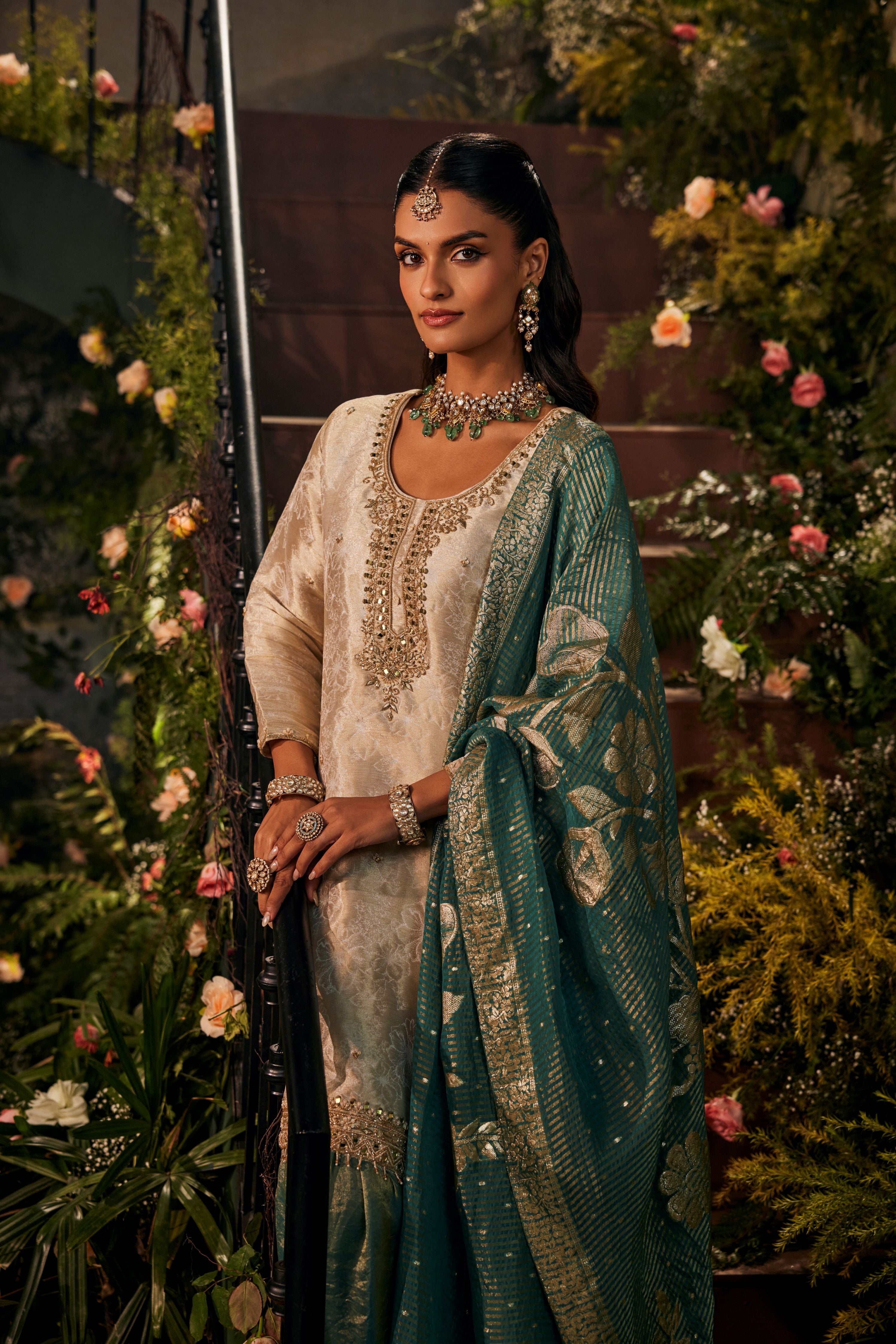 Cream Pearl Shimmer Brocade Silk Sharara Set