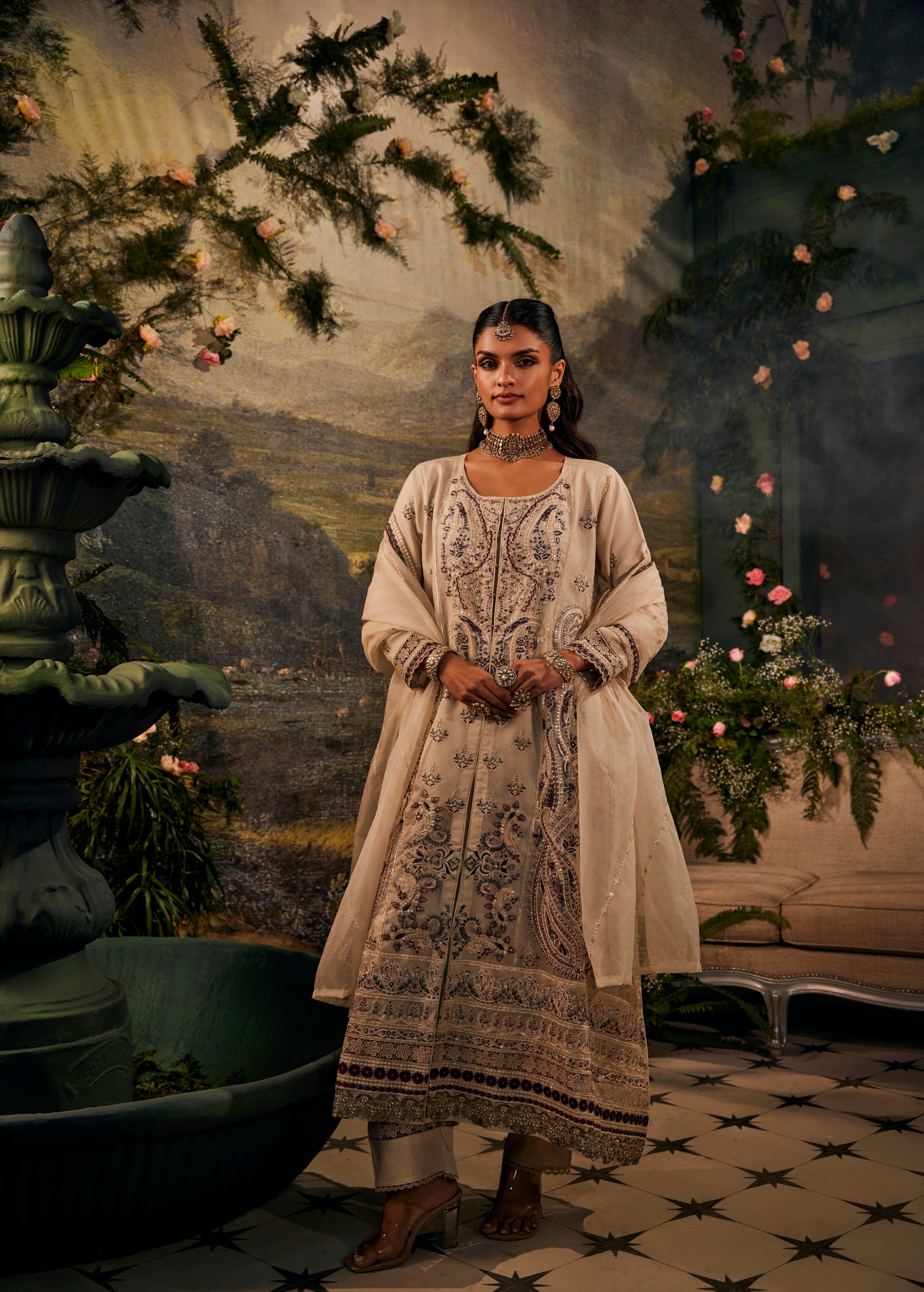 Champagne Beige Embroidered Organza Silk Pant Set