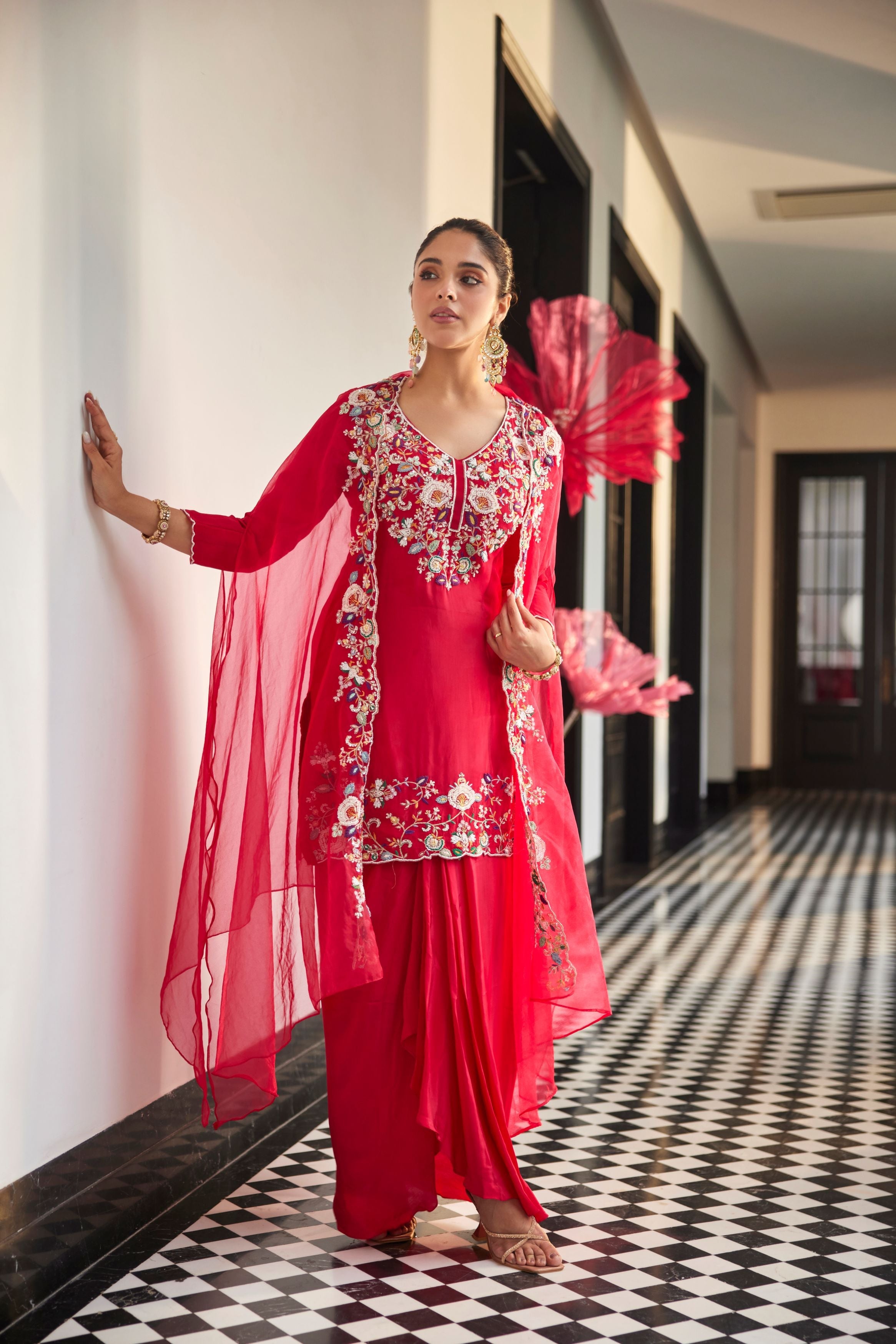 Bright Pink Embellished Crepe Silk Skirt Set