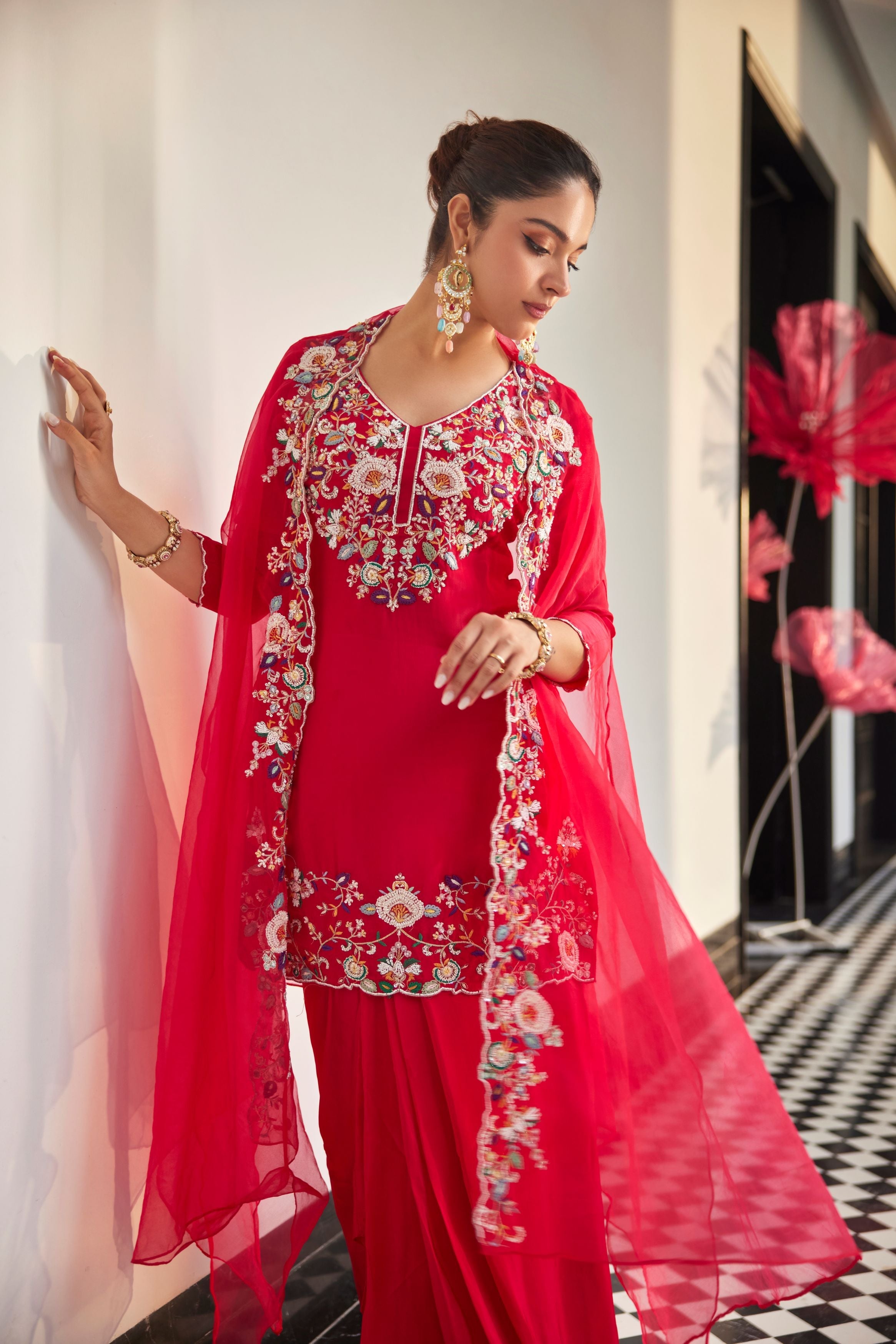 Bright Pink Embellished Crepe Silk Skirt Set