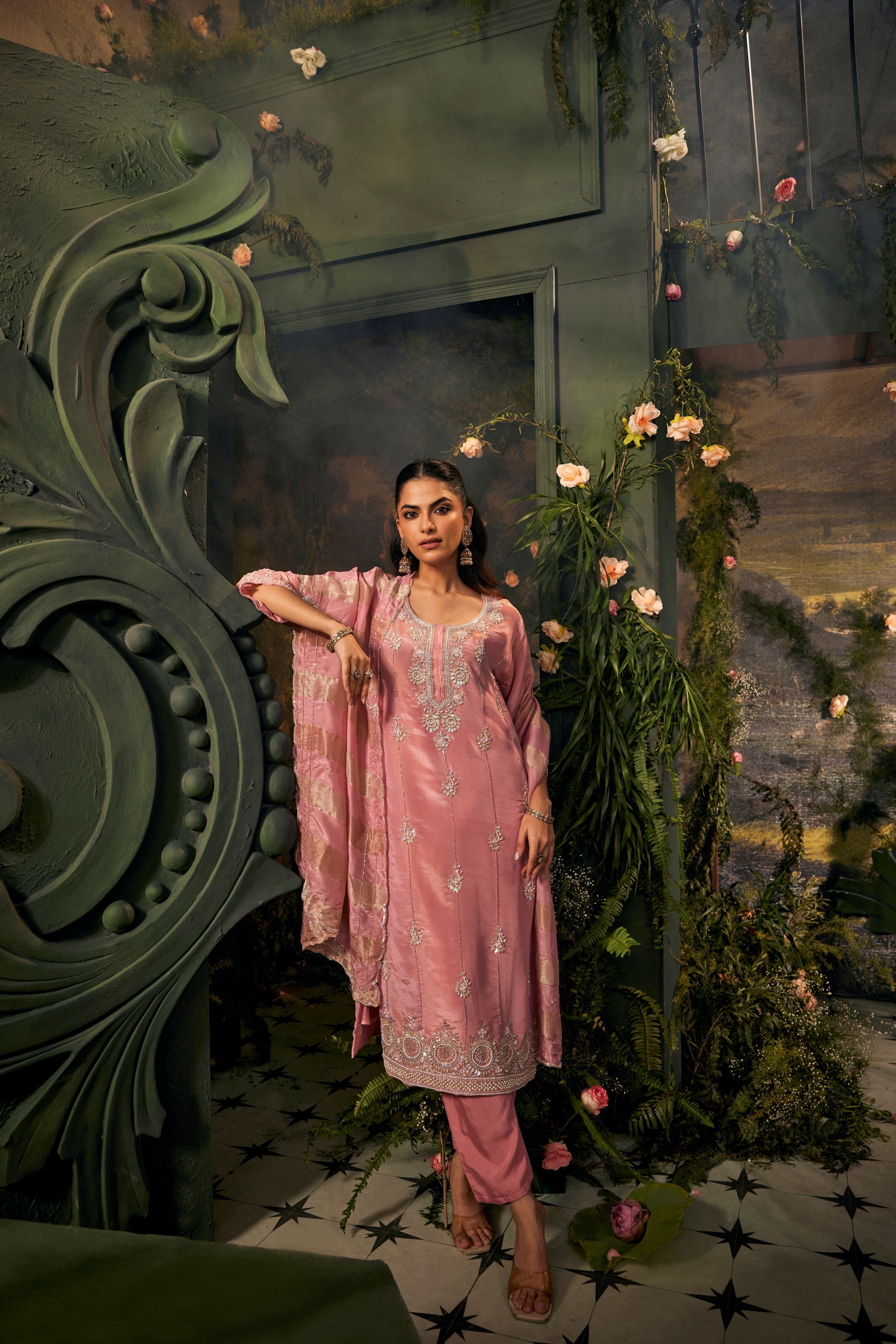 Salmon Pink Embellished Shimmer Tissue Pant Set