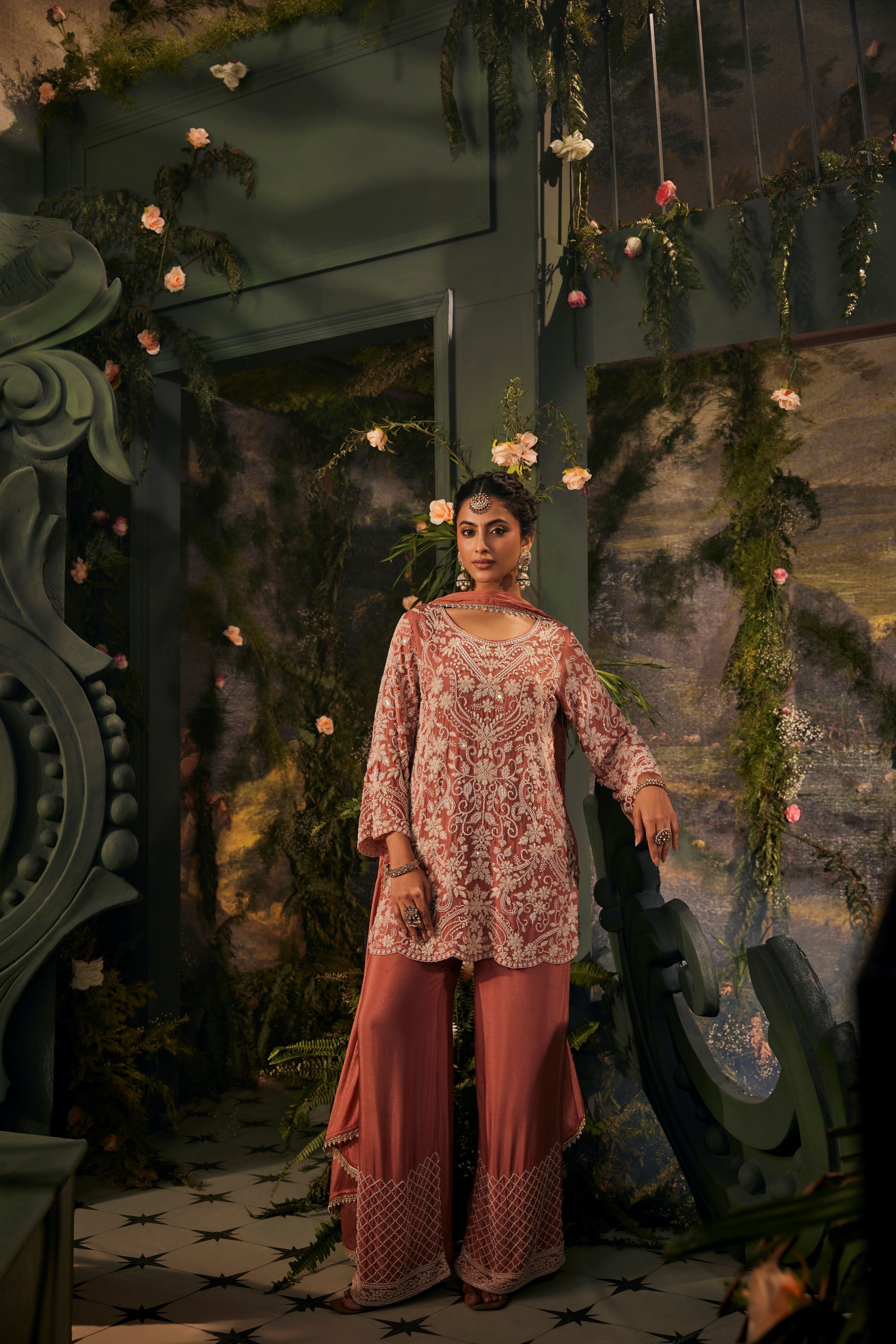 Coral Peach Embellished Crepe Silk Pant Set