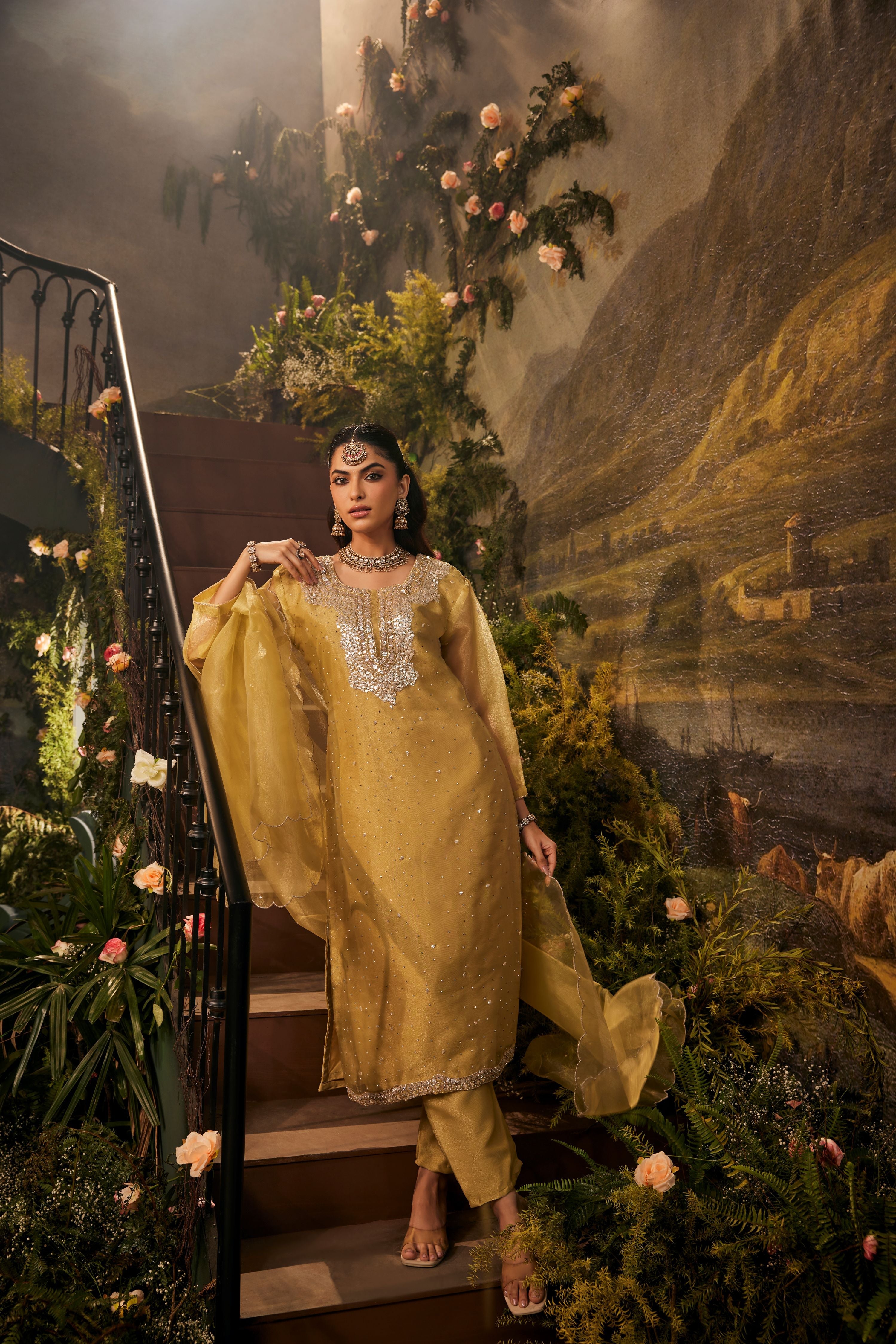 Pale Gold Embellished Shimmer Organza Pant Set