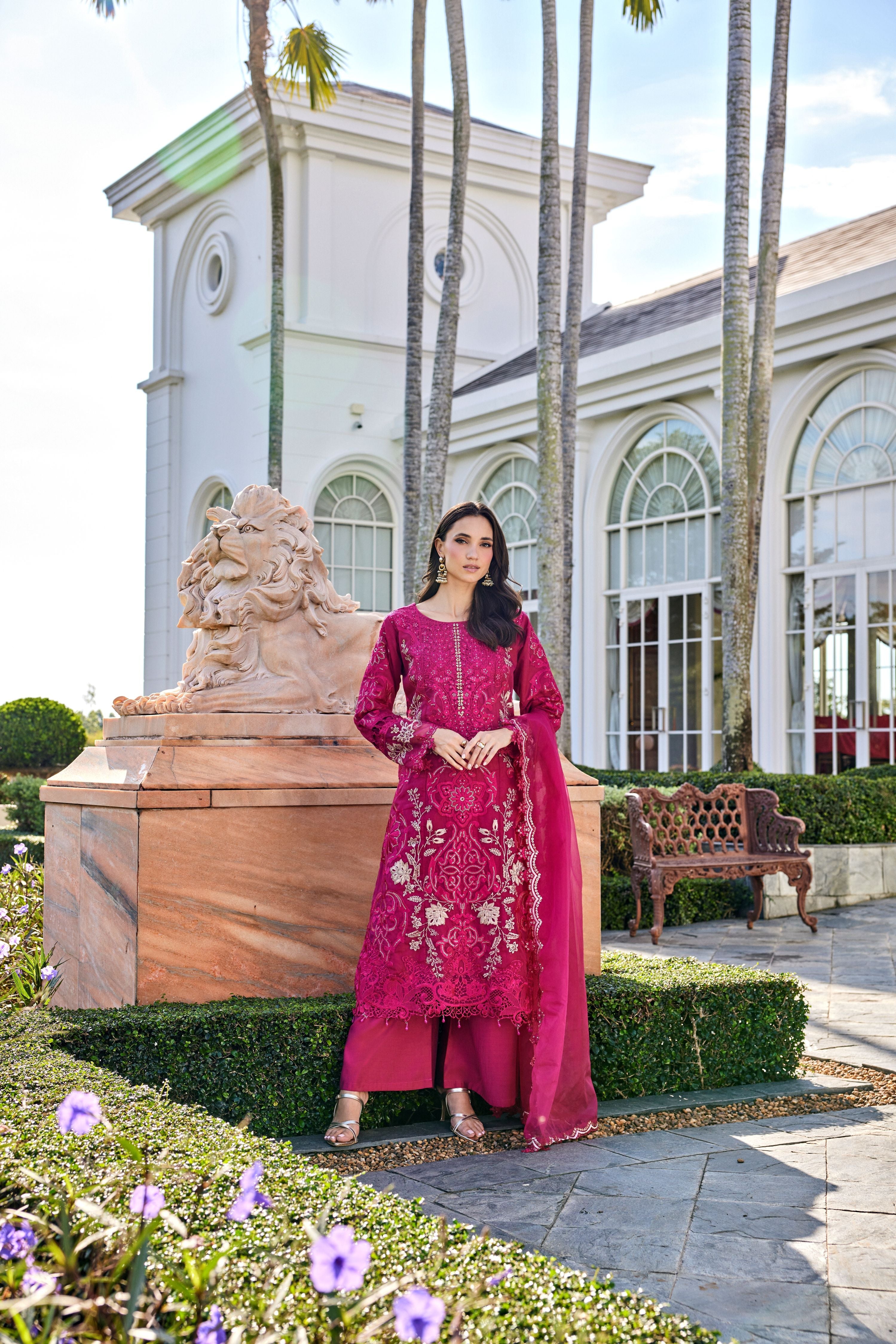 Bright Raspberry Pink Embroidered Organza Silk Pant Set