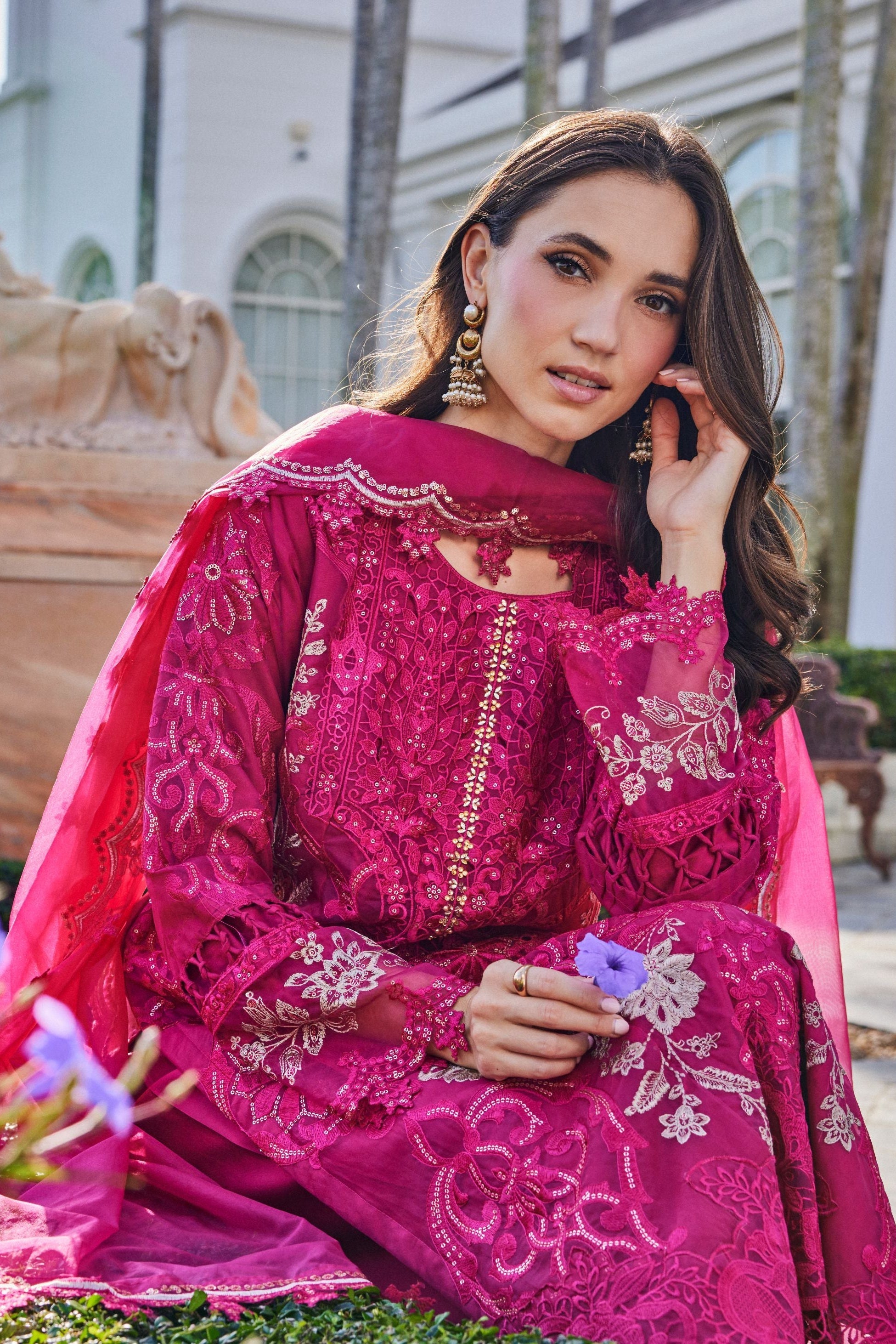 Bright Raspberry Pink Embroidered Organza Silk Pant Set