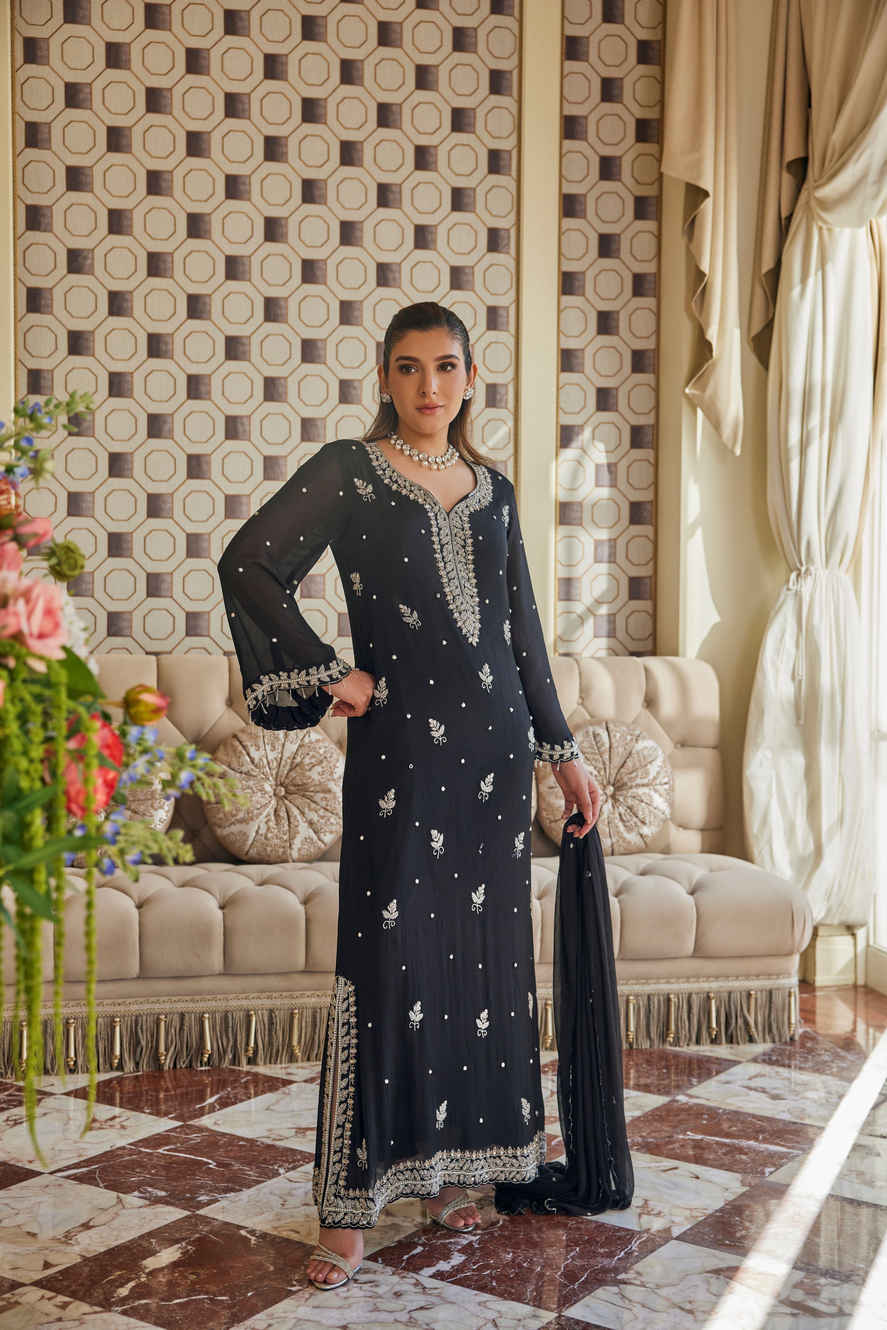 Shahi Black Embellished Crepe Silk Pant Set