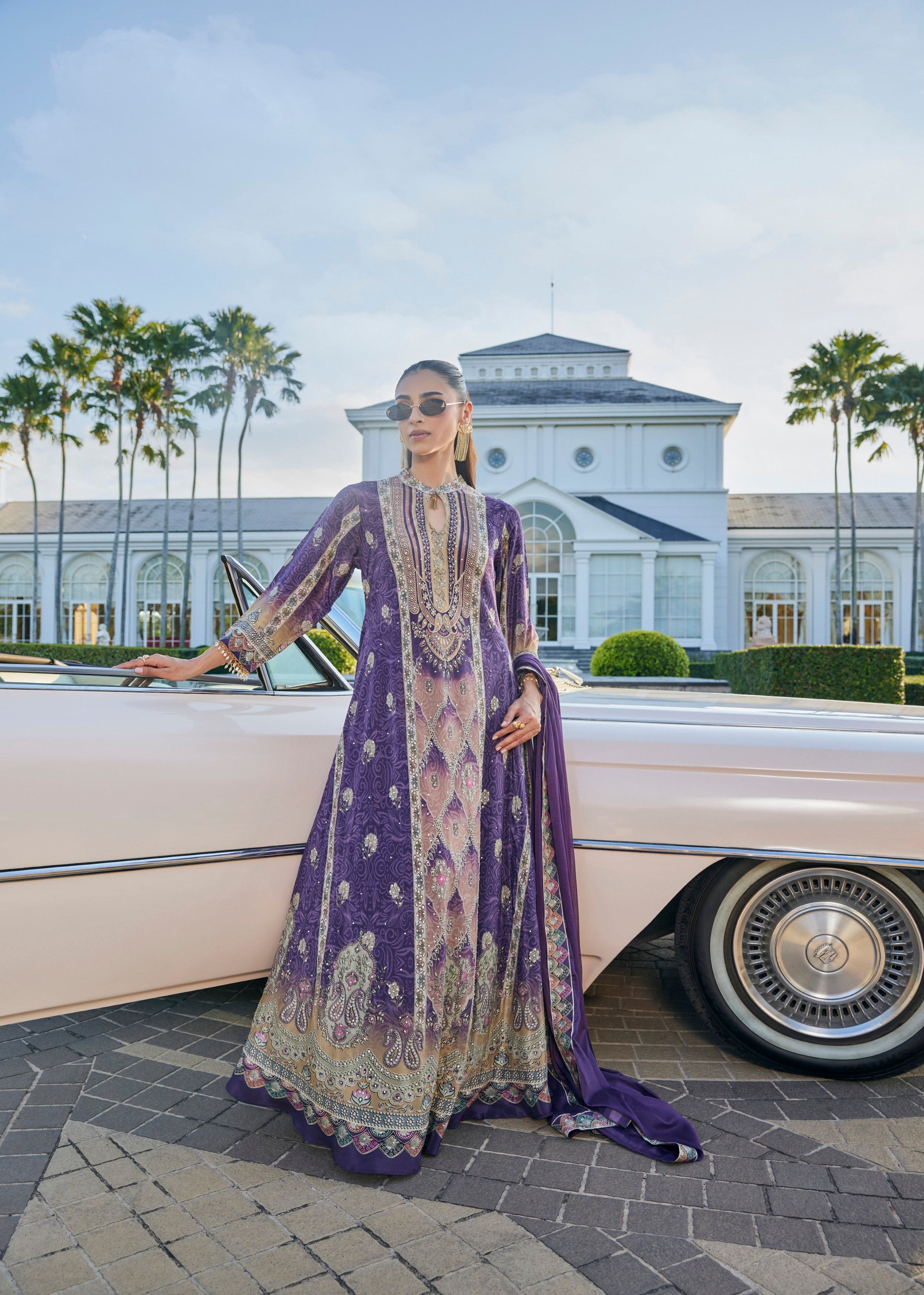 Purple Floral Embellished Muslin Silk Anarkali Set