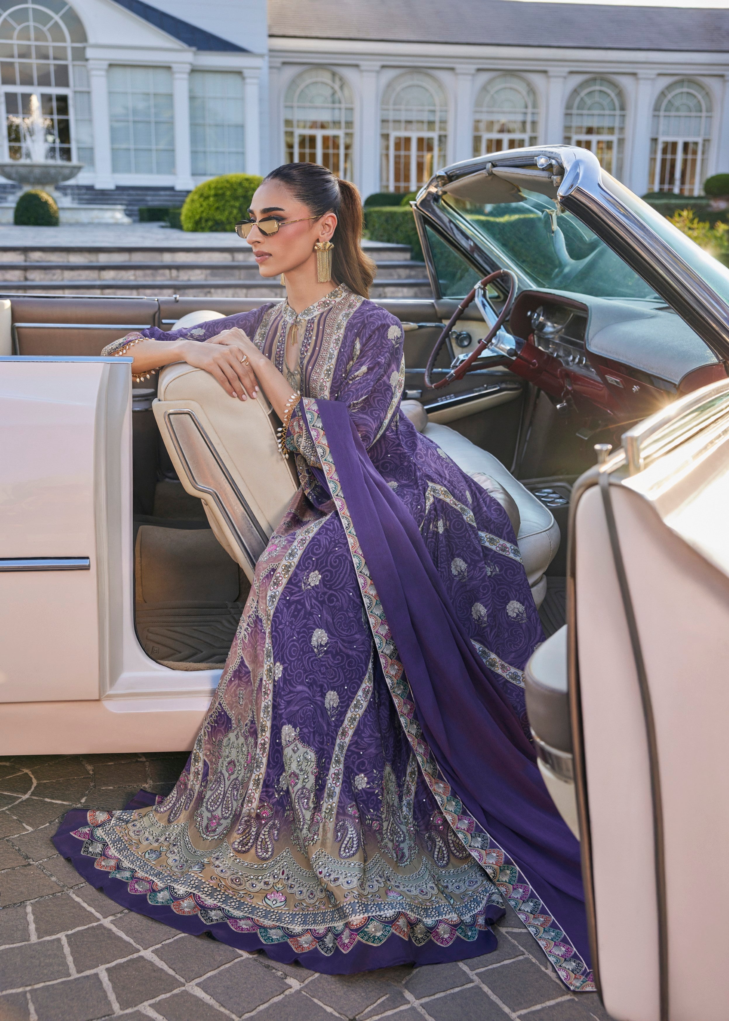 Purple Floral Embellished Muslin Silk Anarkali Set