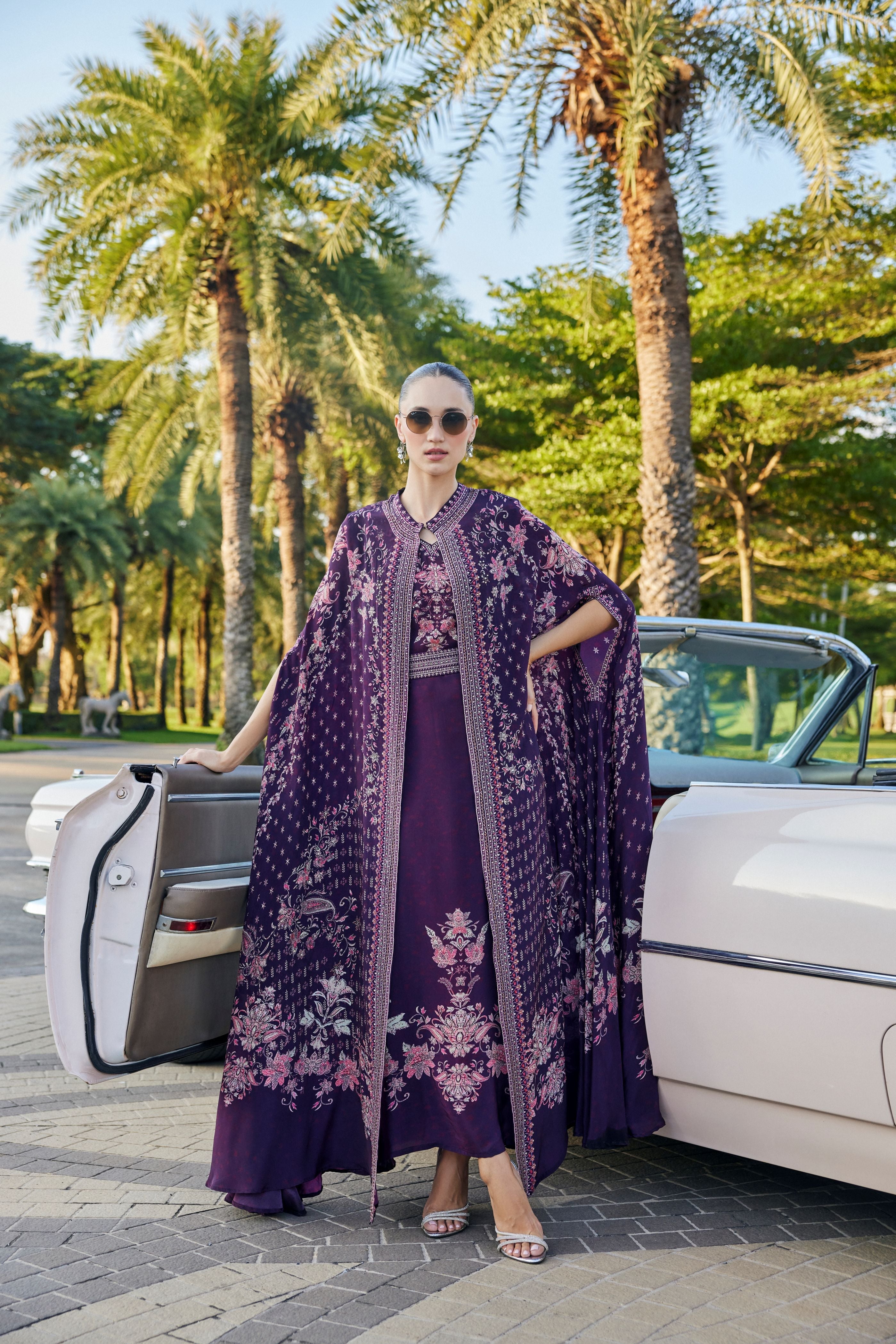 Deep Plum Embellished Muslin Silk Cape Set