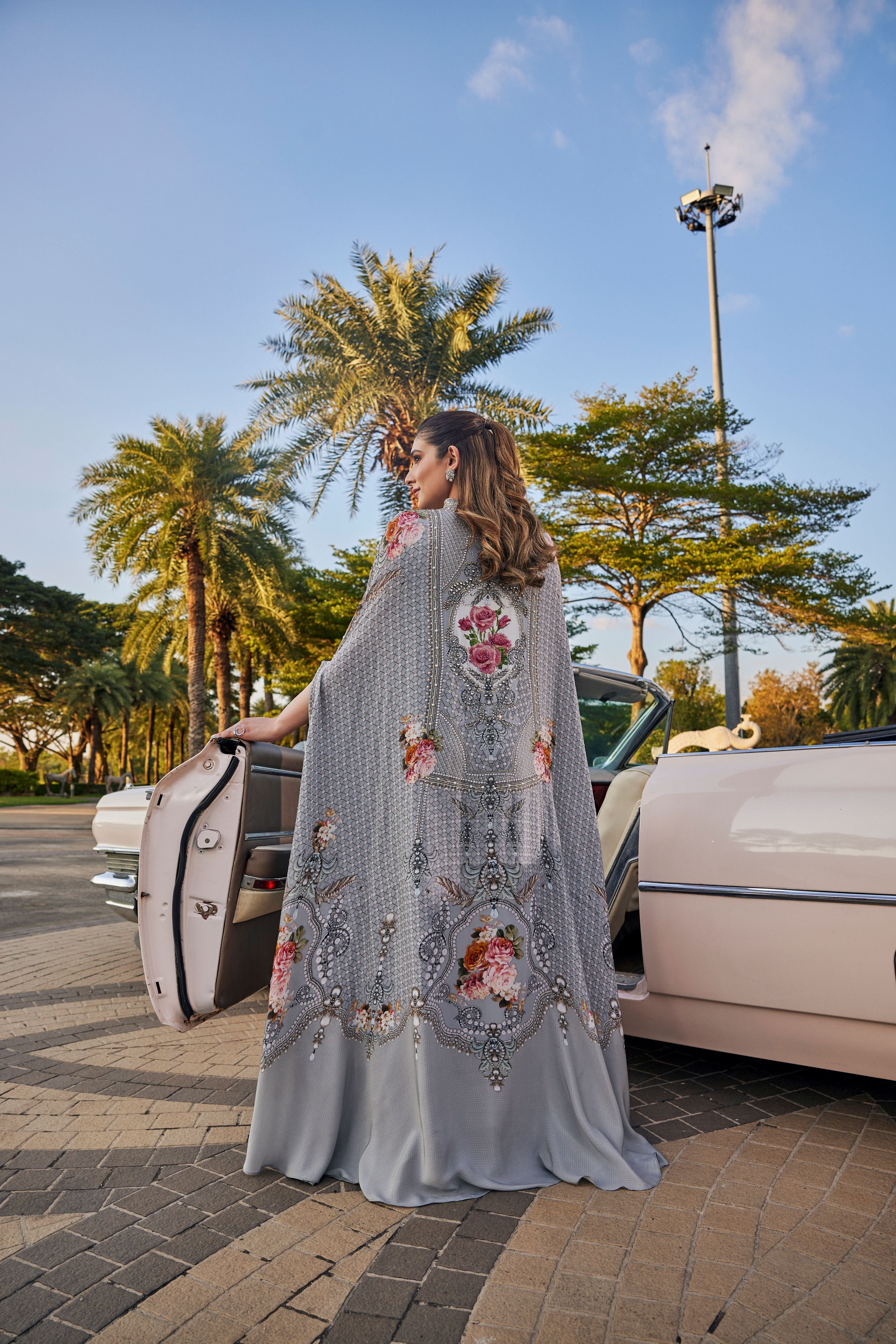 Silver Grey Embellished Crepe Silk Cape Set