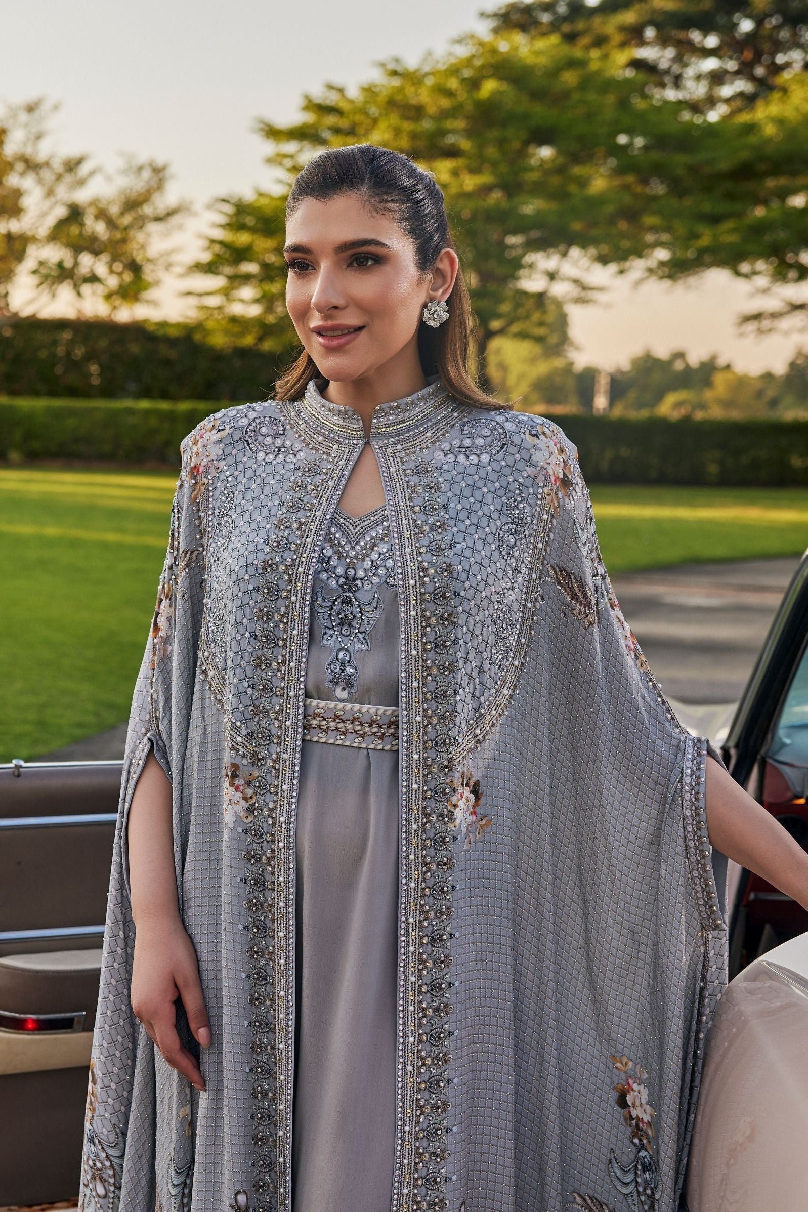 Silver Grey Embellished Crepe Silk Cape Set