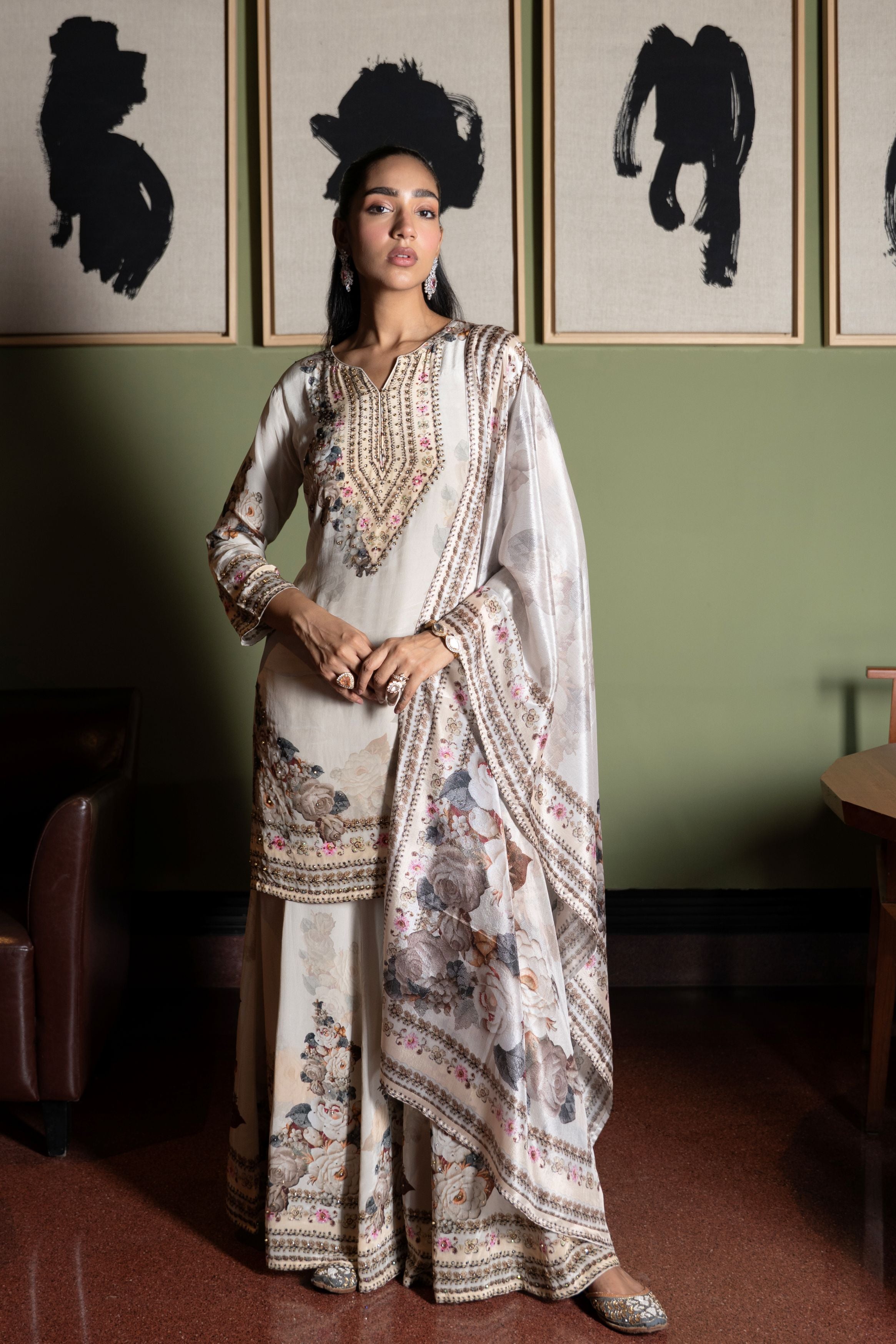 Ivory White Embellished Crepe Silk Sharara Set
