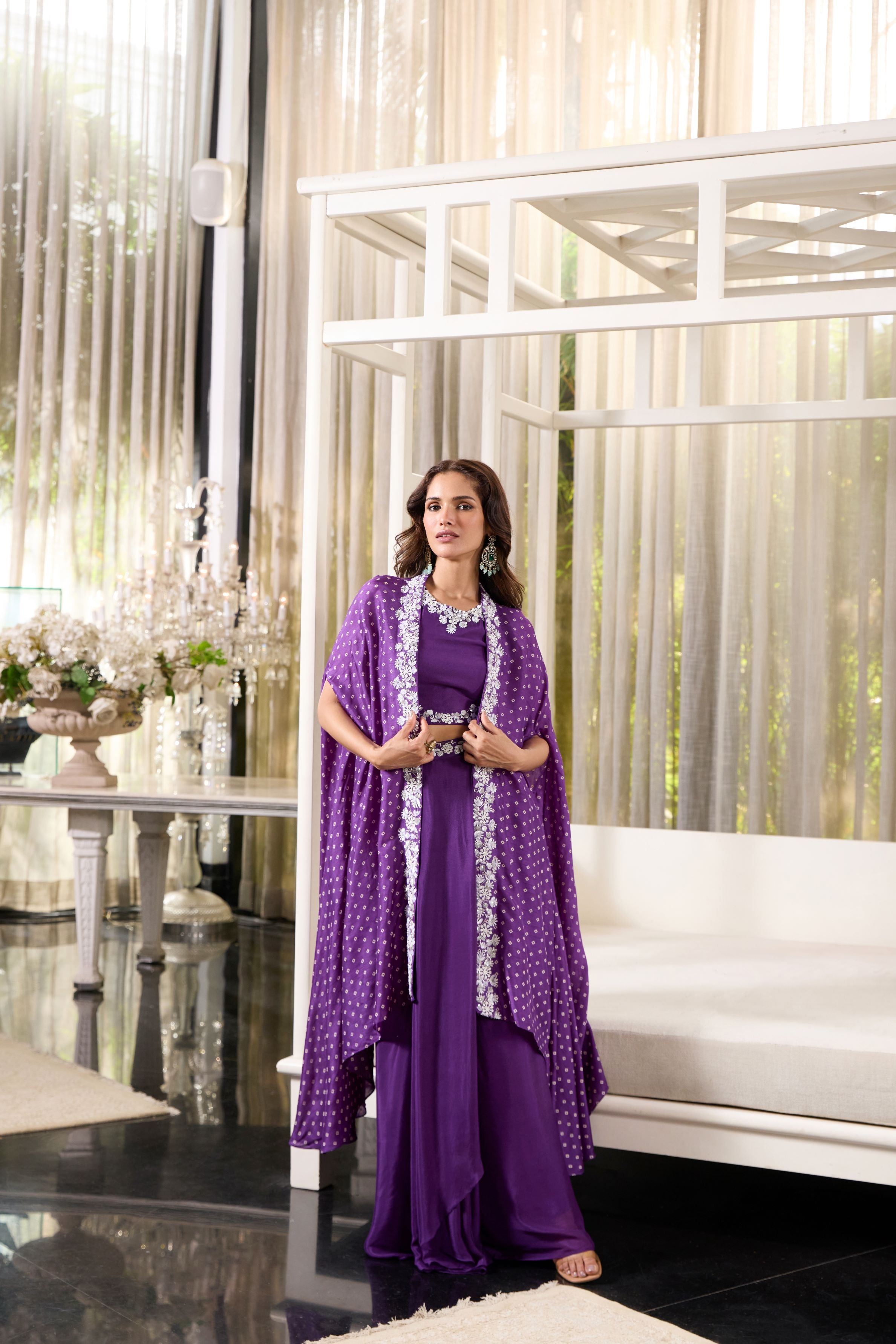 Purple Embellished Premium Silk Cape Set