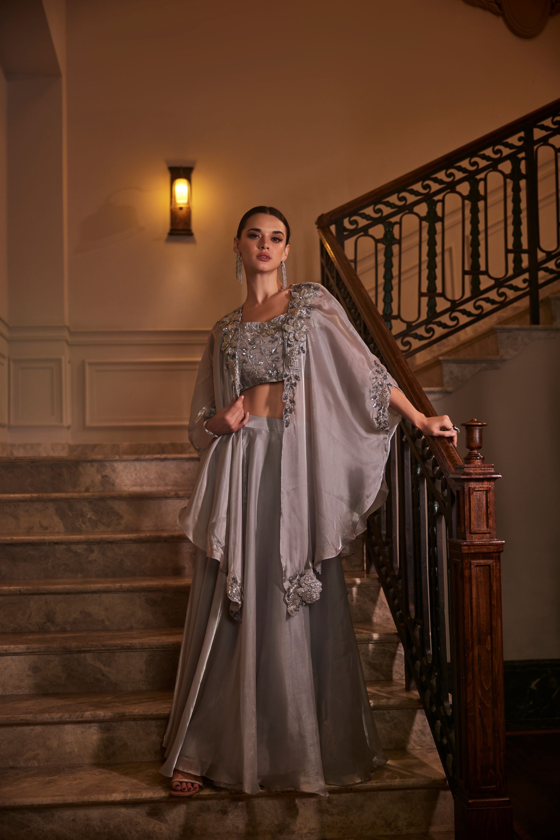 Grey Embellished Shimmer Silk Cape Set