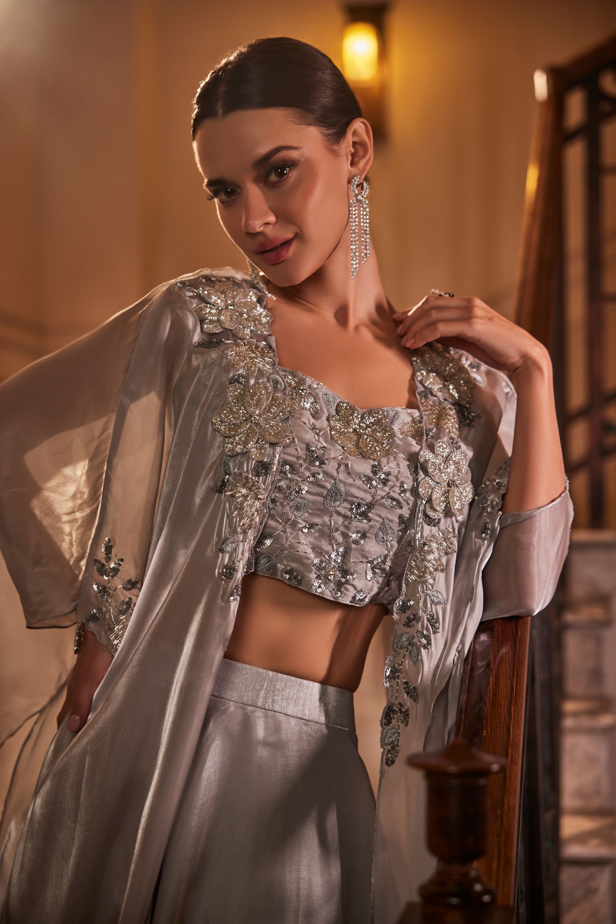 Grey Embellished Shimmer Silk Cape Set